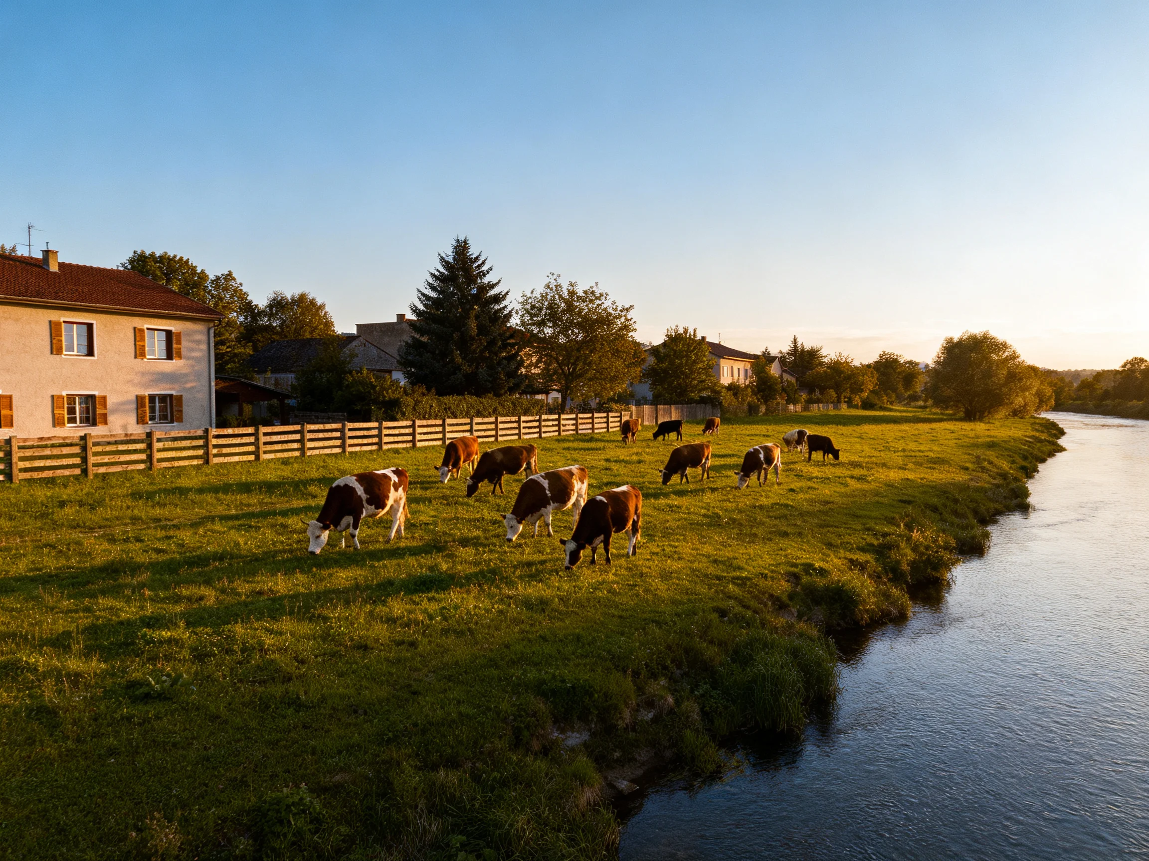 Several cows graze by a calm river near a white house