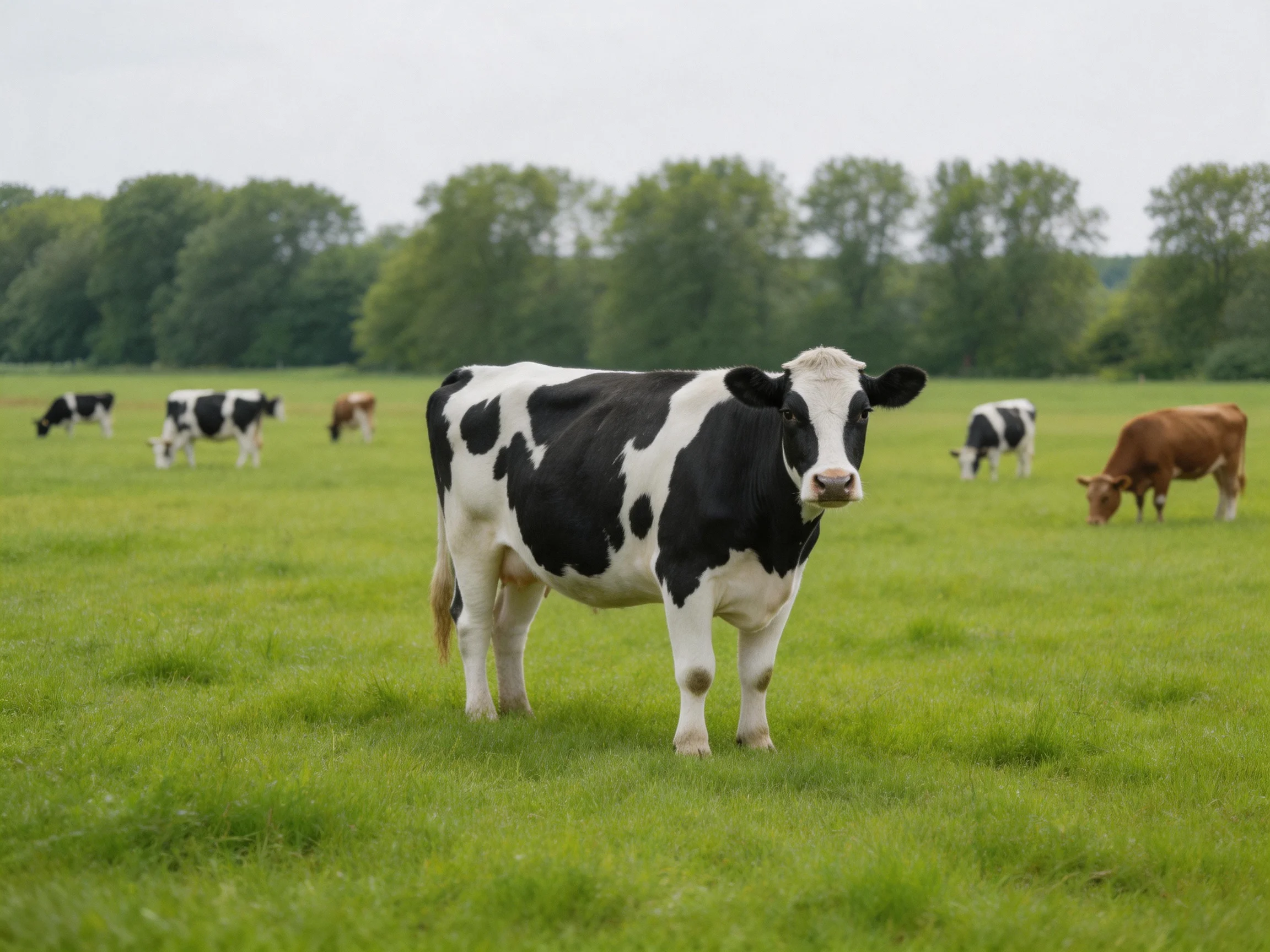 Several cows graze in a lush green pasture with distant trees