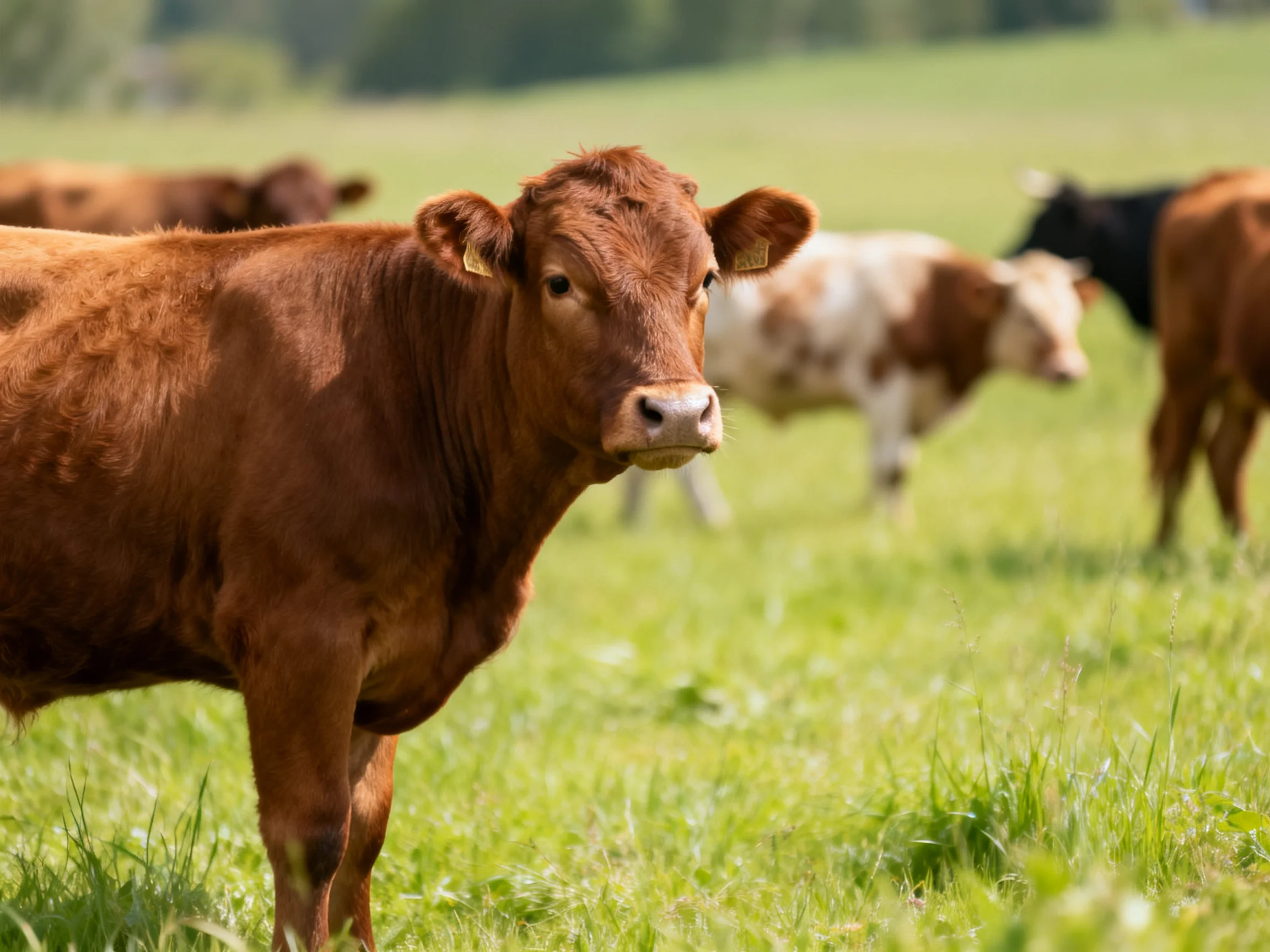 Several cows graze in a lush green pasture with varied coat colors