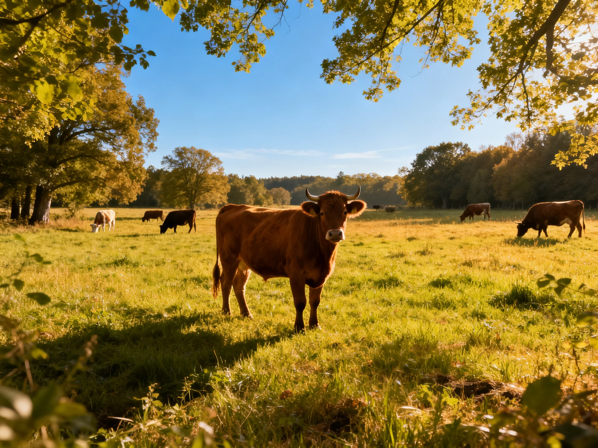 Several cows graze in a sunlit green meadow with trees