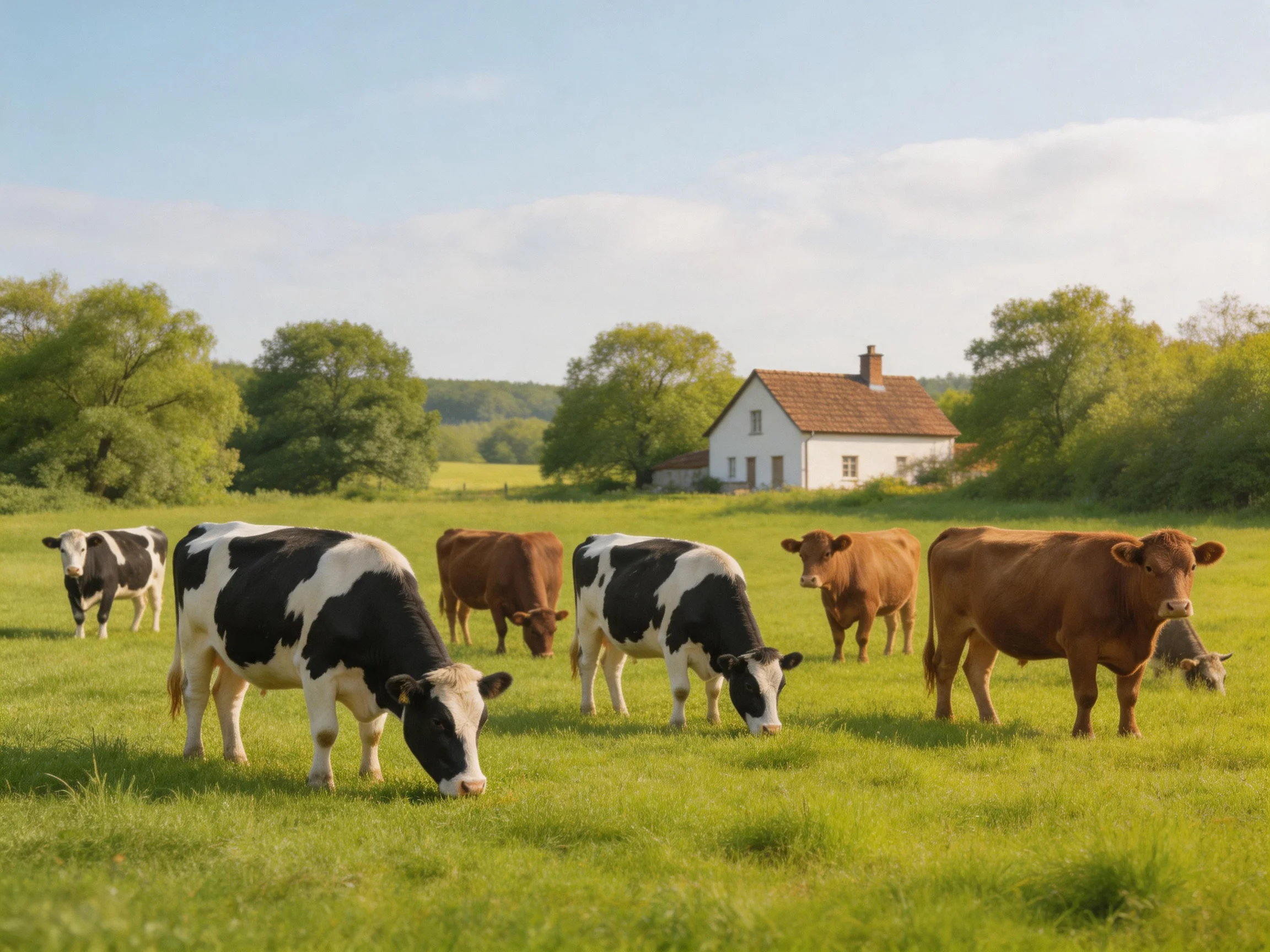 Several cows graze in a sunlit green pasture near a white farmhouse