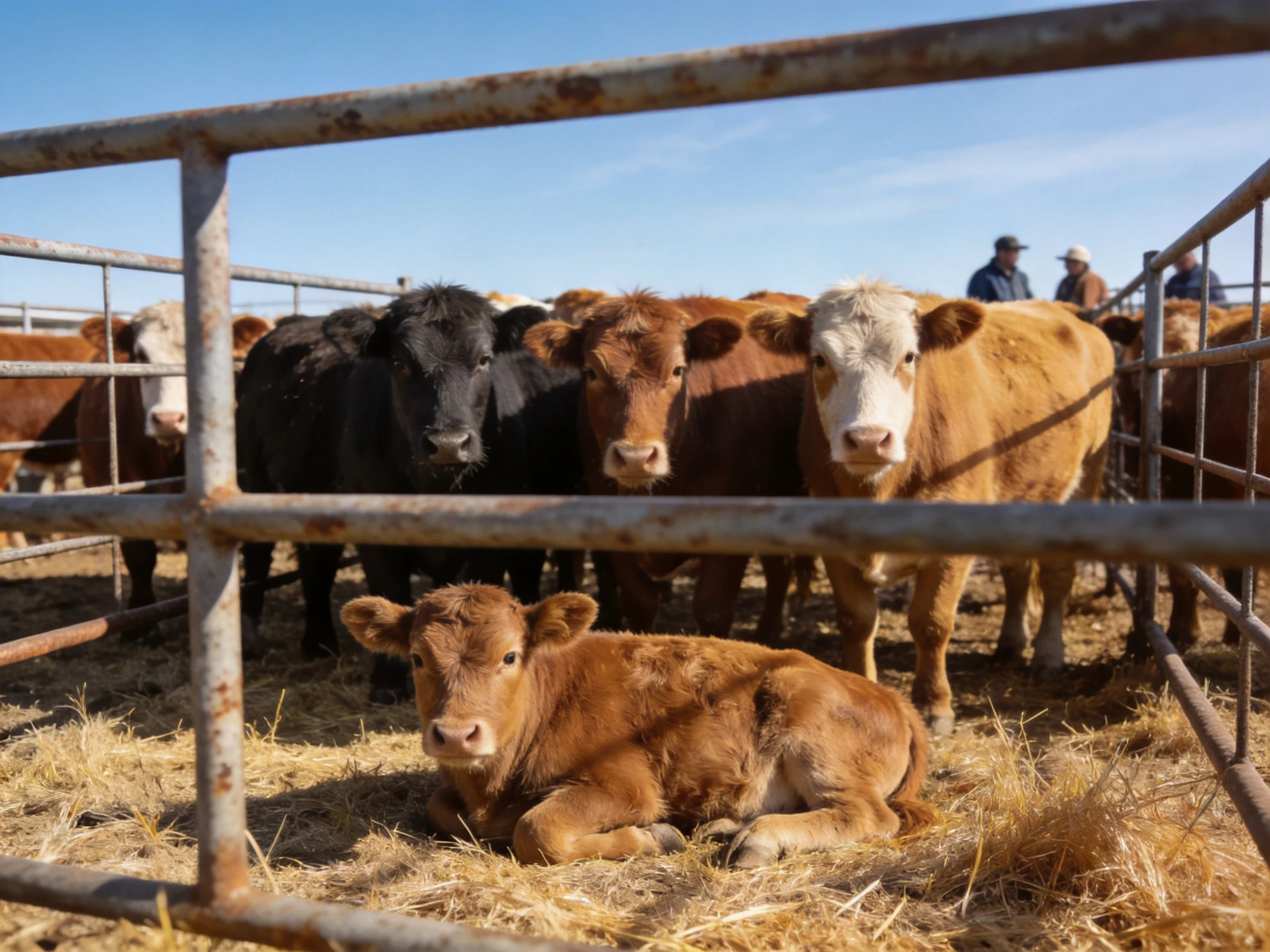 Several cows of black, brown, and tan hues in a metal pen on straw bedding