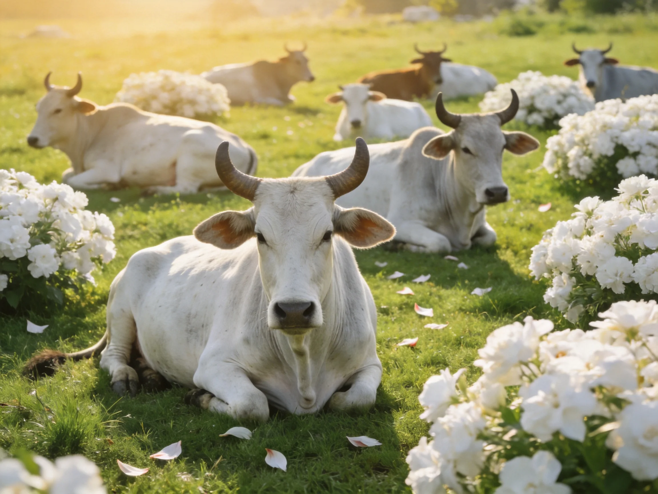 Several cows rest amid abundant white flowers in a sunlit meadow