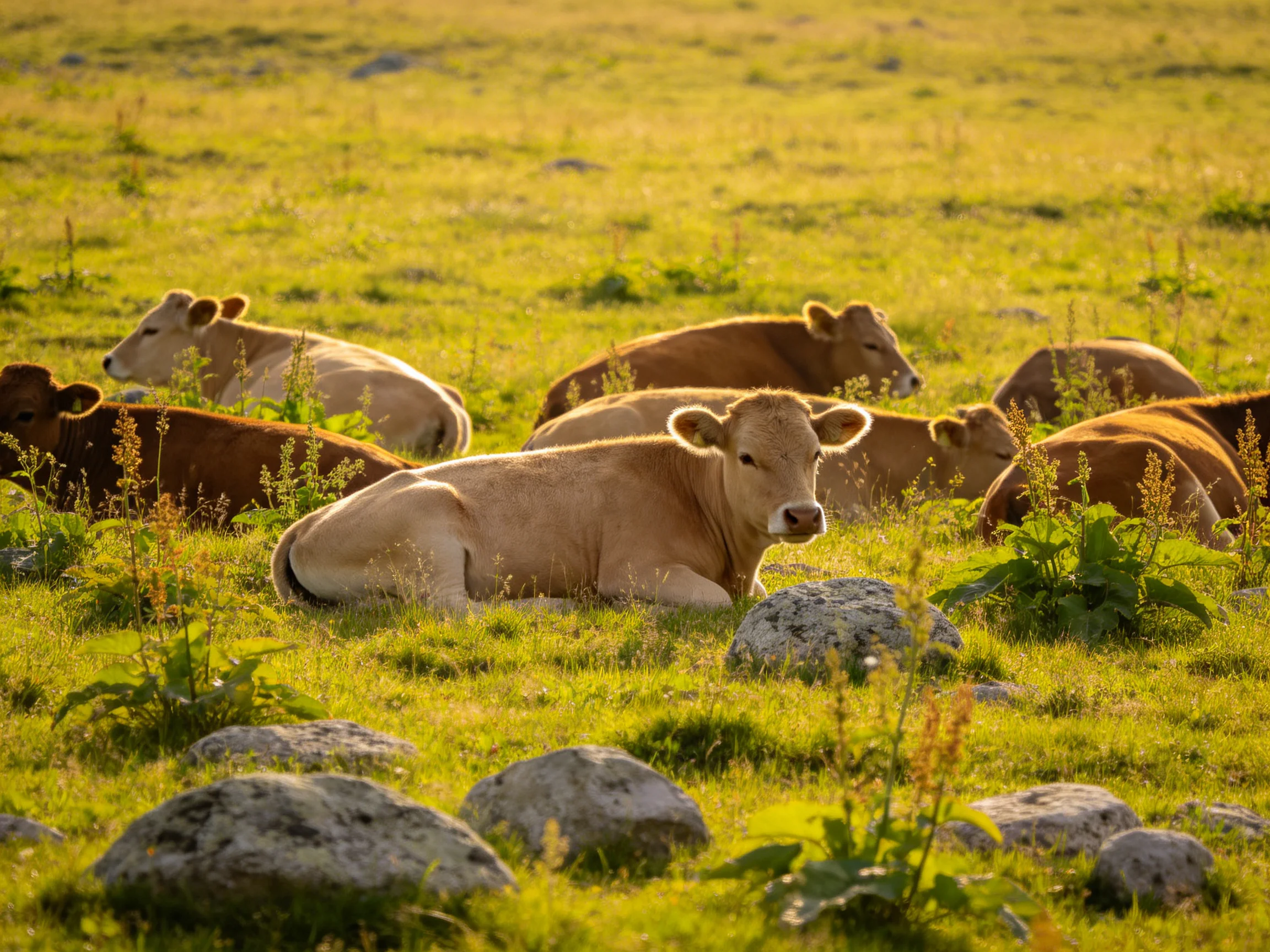 Several cows rest in a sunlit green pasture with scattered rocks