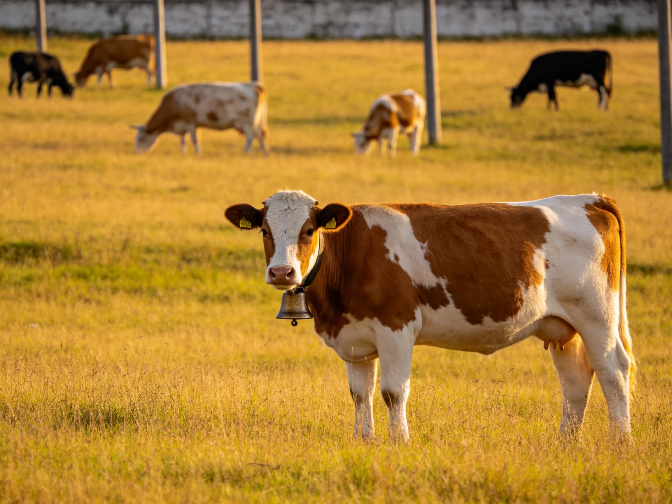 Several cows with brown, white, and black coats graze in a golden field