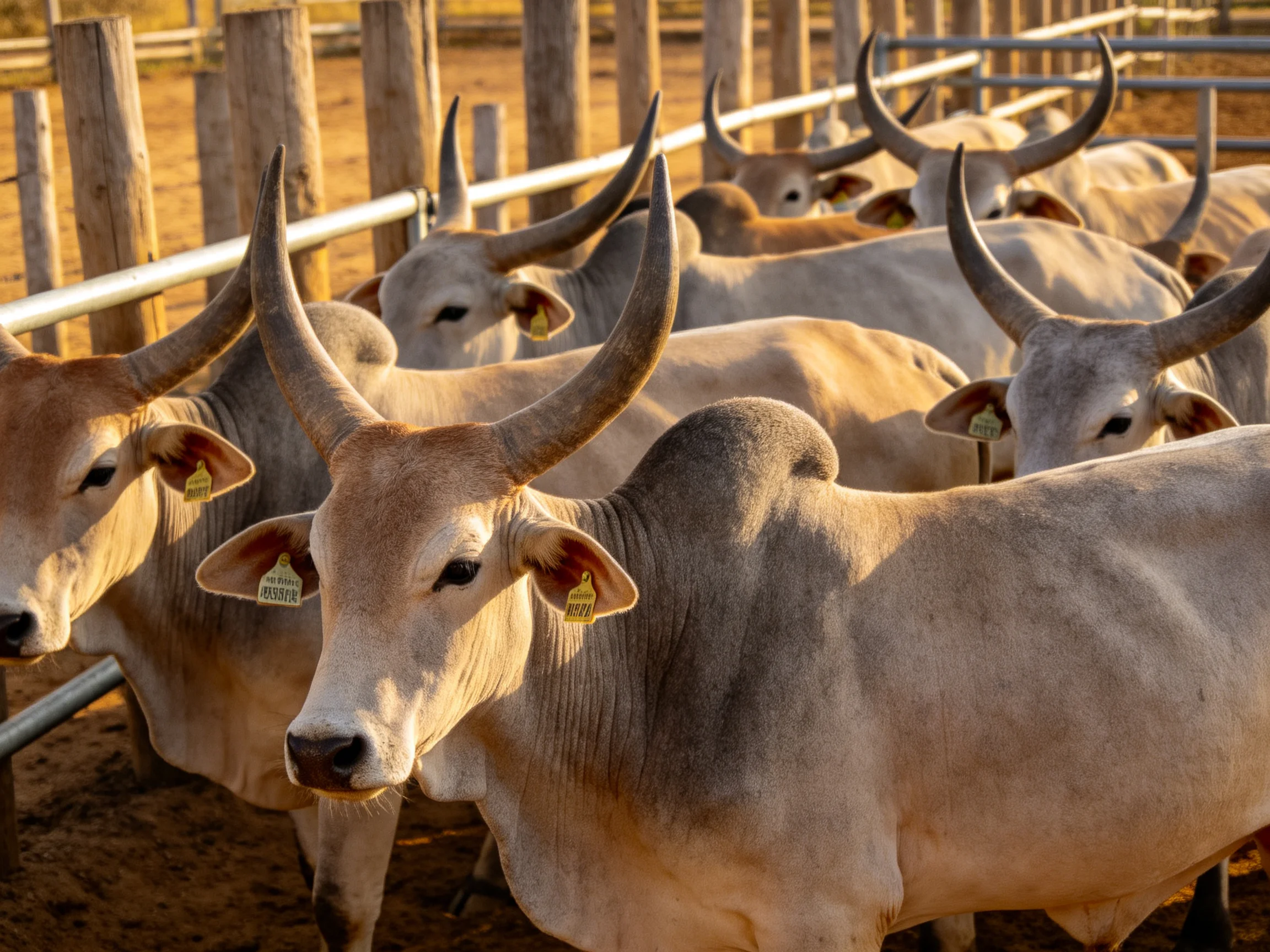 Several horned cattle clustered around wooden posts and metal rails