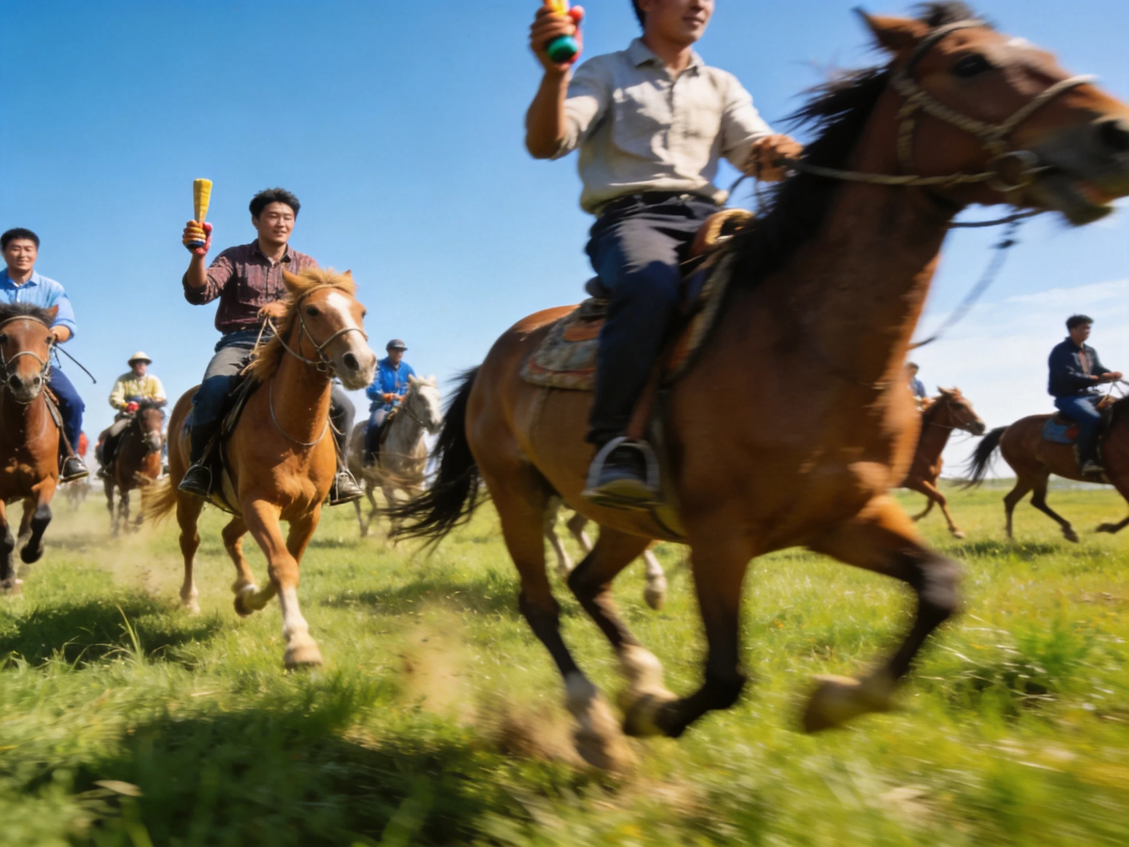 Several riders on brown horses gallop through a green field