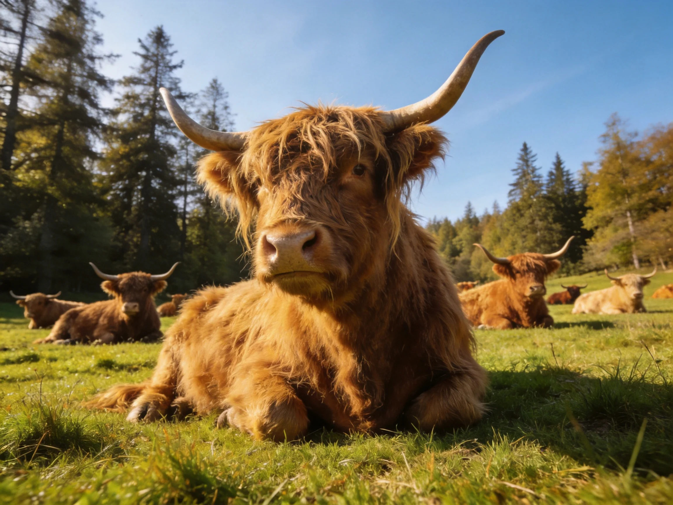 Several shaggy brown Highland cattle rest in a sunlit green meadow
