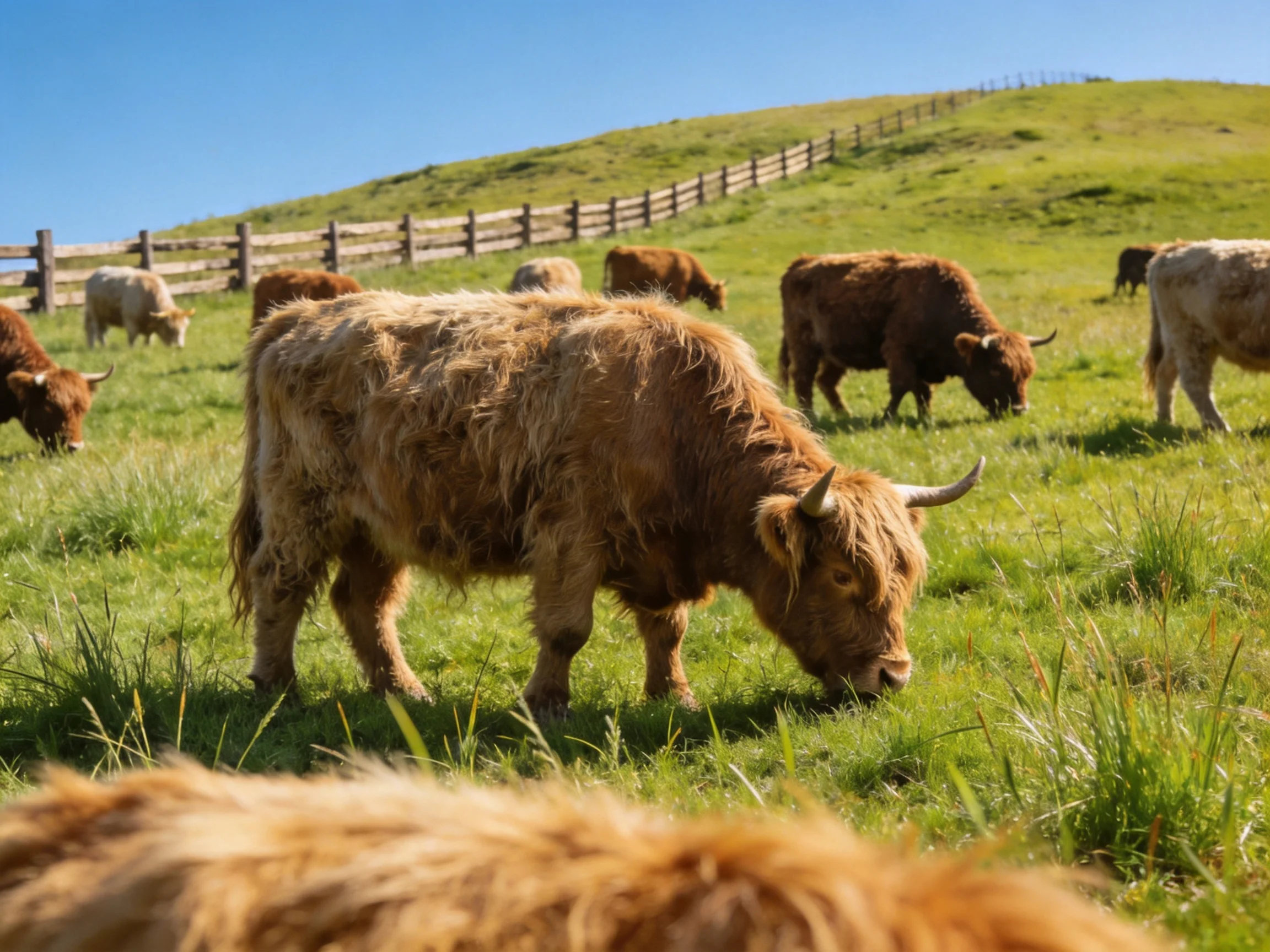 Several shaggy brown cattle graze in a lush green pasture near a wooden fence