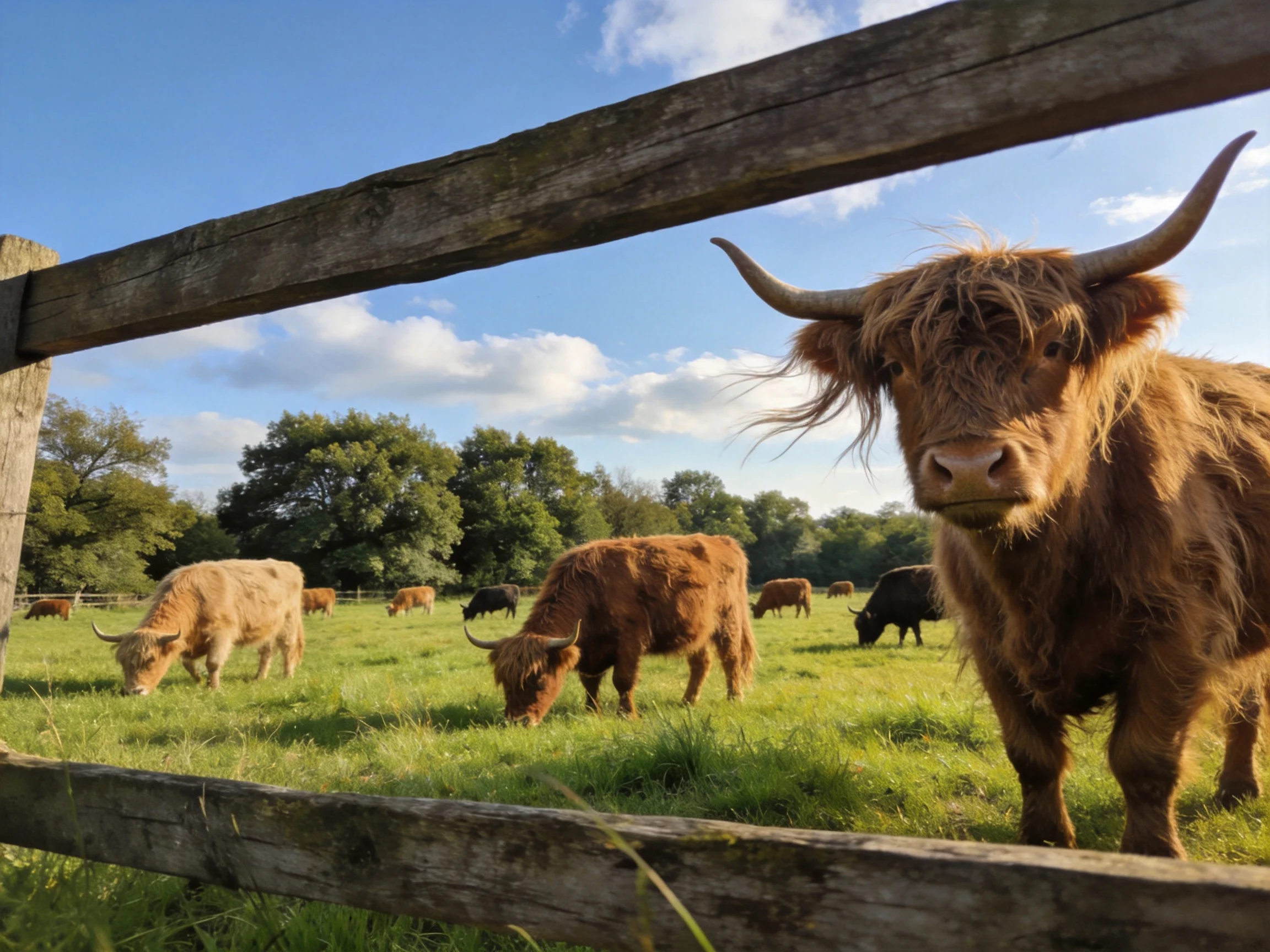Several shaggy brown cows graze near a weathered wooden fence