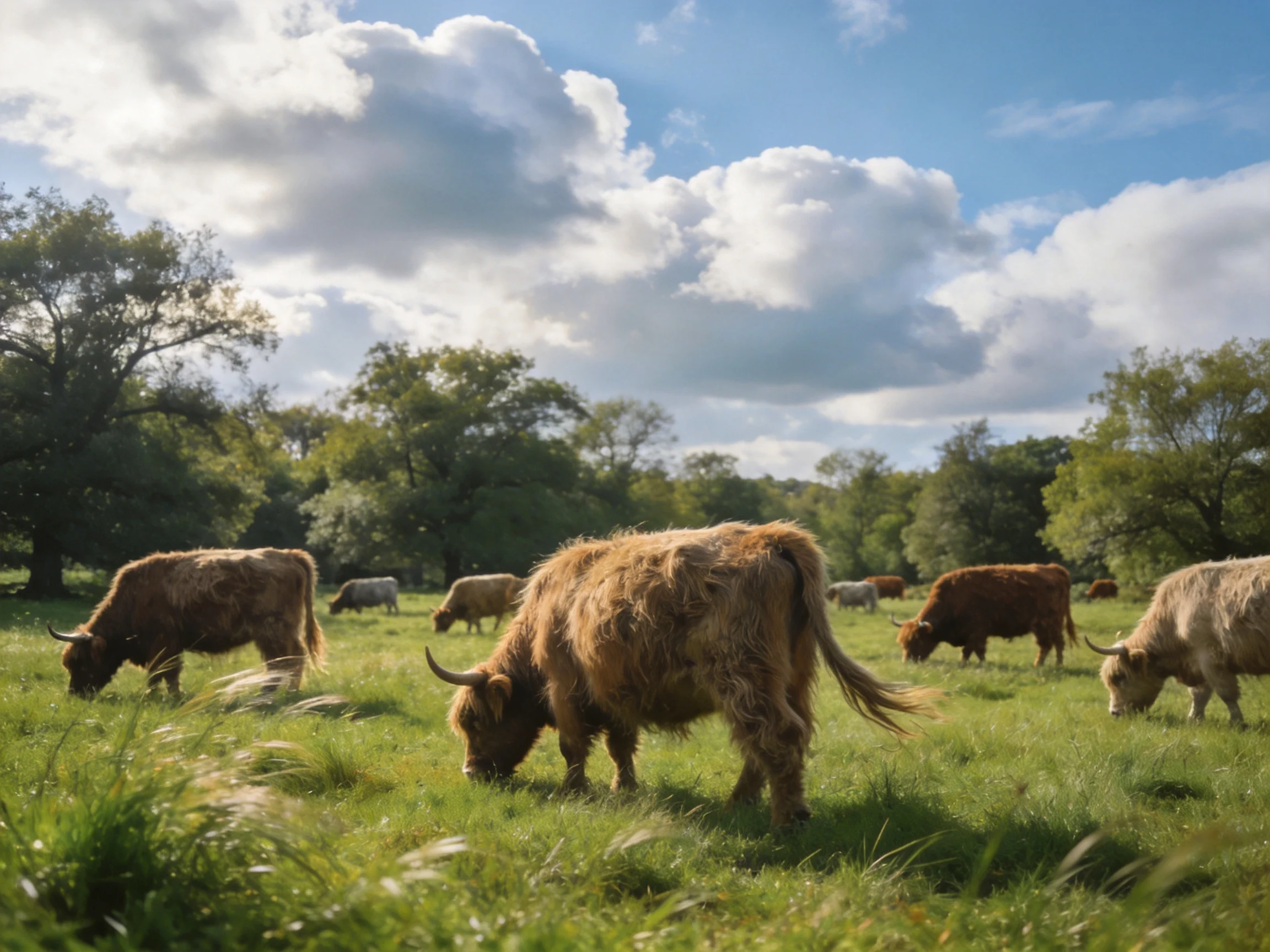 Several shaggy - haired cattle graze in a lush green meadow