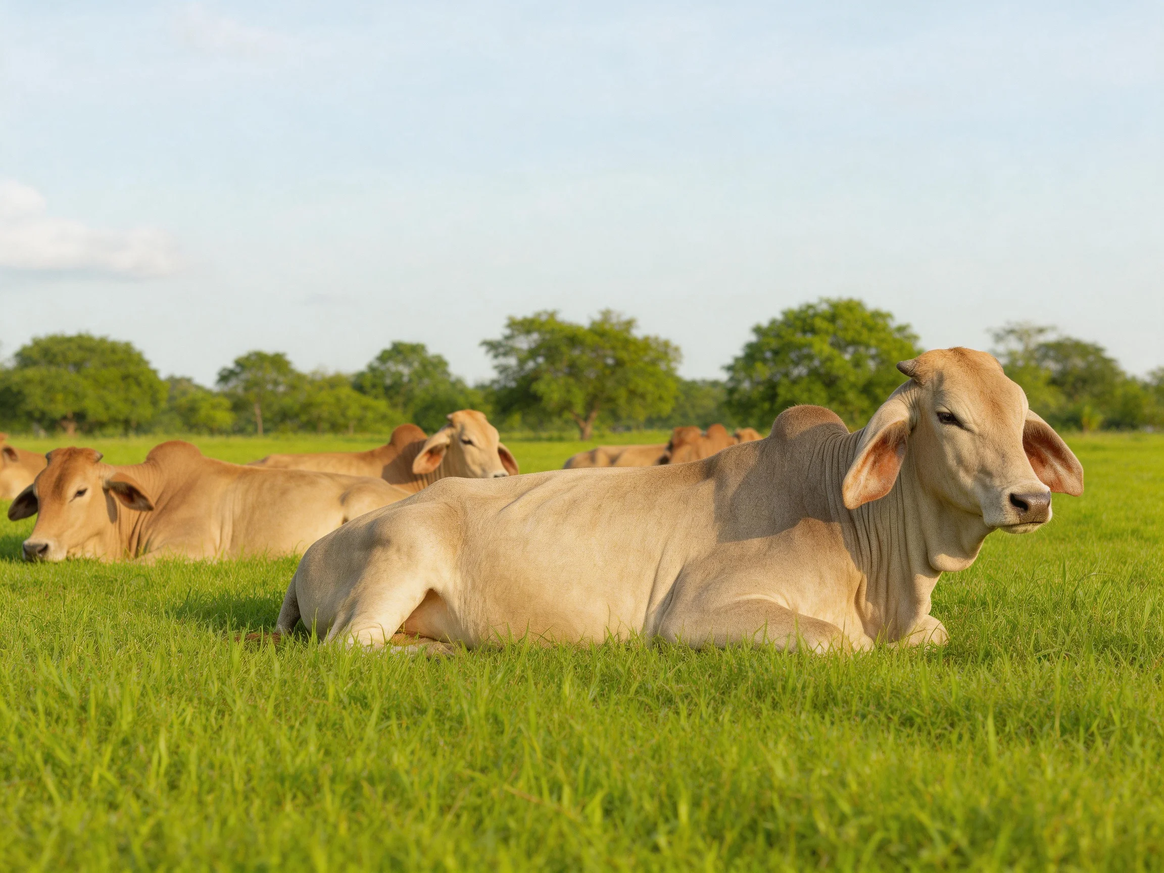 Several tan cattle rest in a lush green pasture near trees.