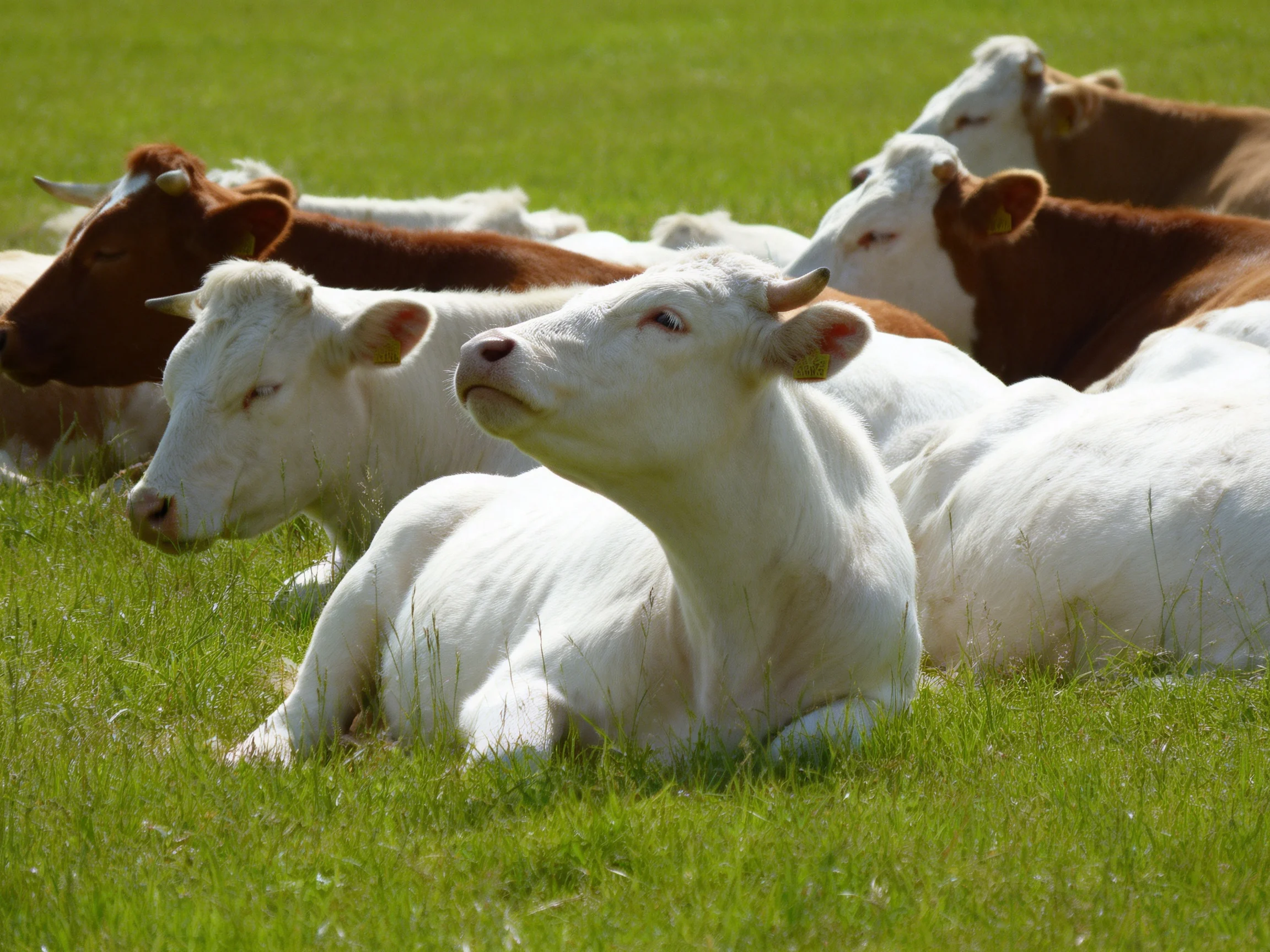 Several white and brown calves rest in lush green grass