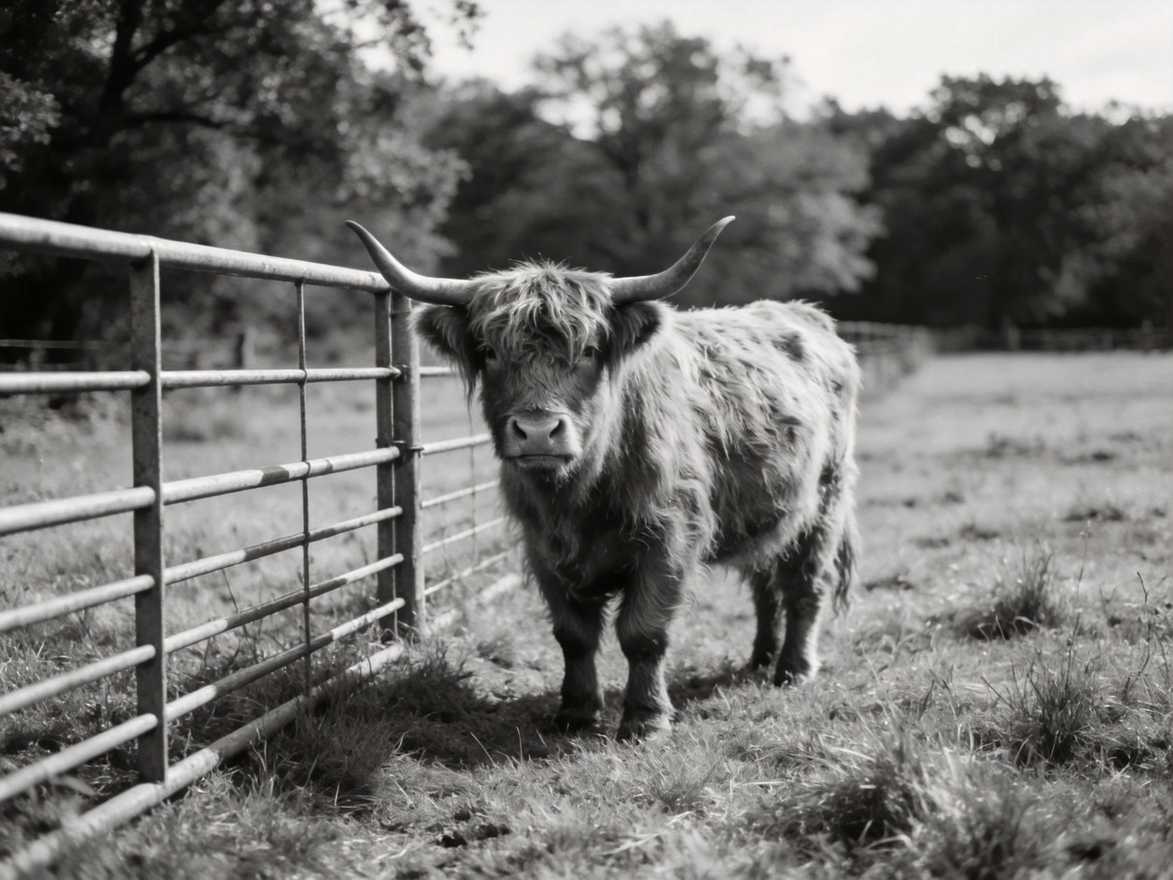 Shaggy Highland cow by metal fence in rural field