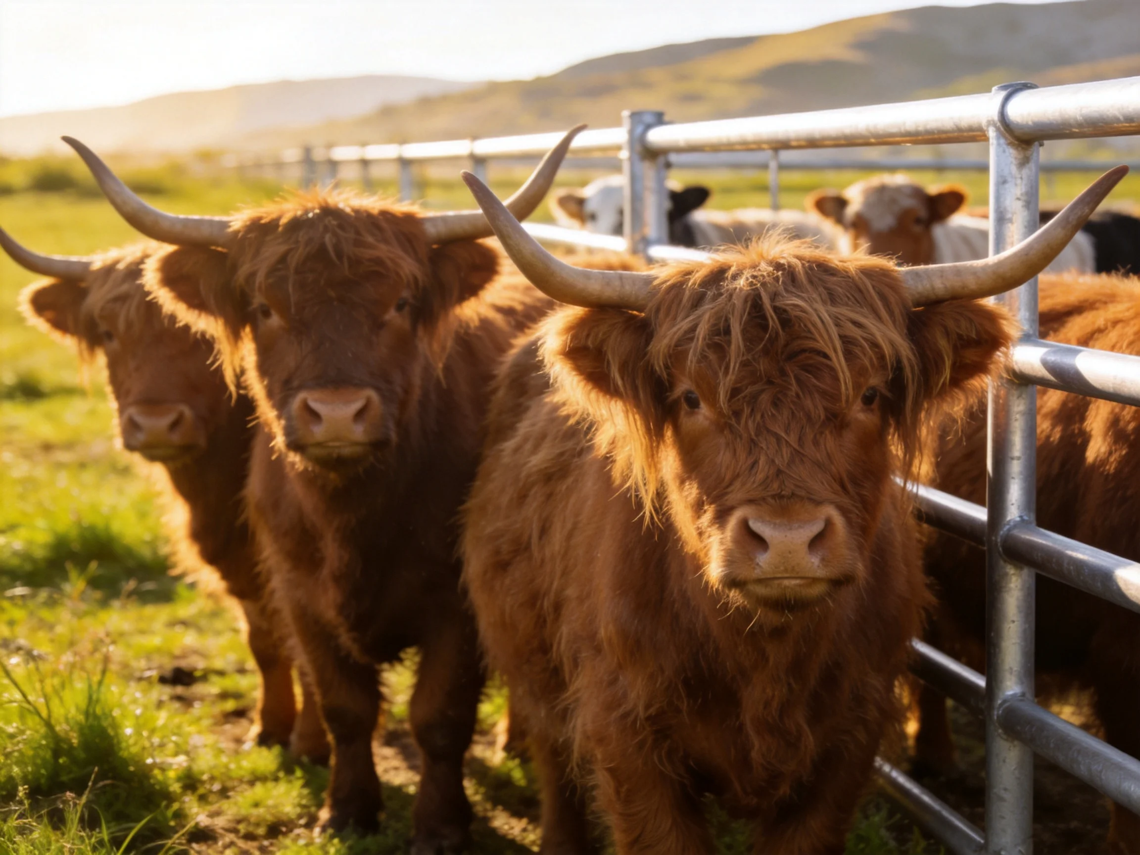 Shaggy brown Highland cattle near a silver metal fence in a green pasture