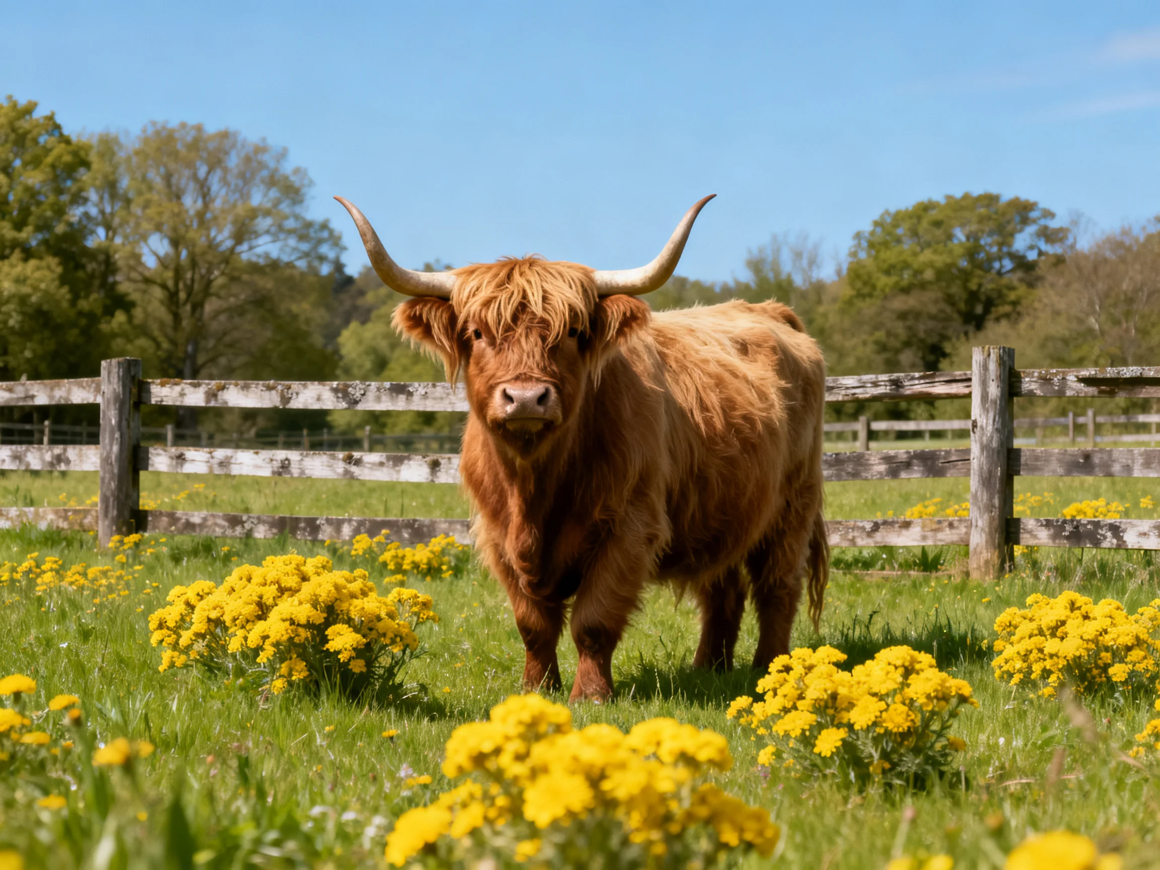 A shaggy brown Highland cow stands in a sunny meadow with yellow flowers and a wooden fence.