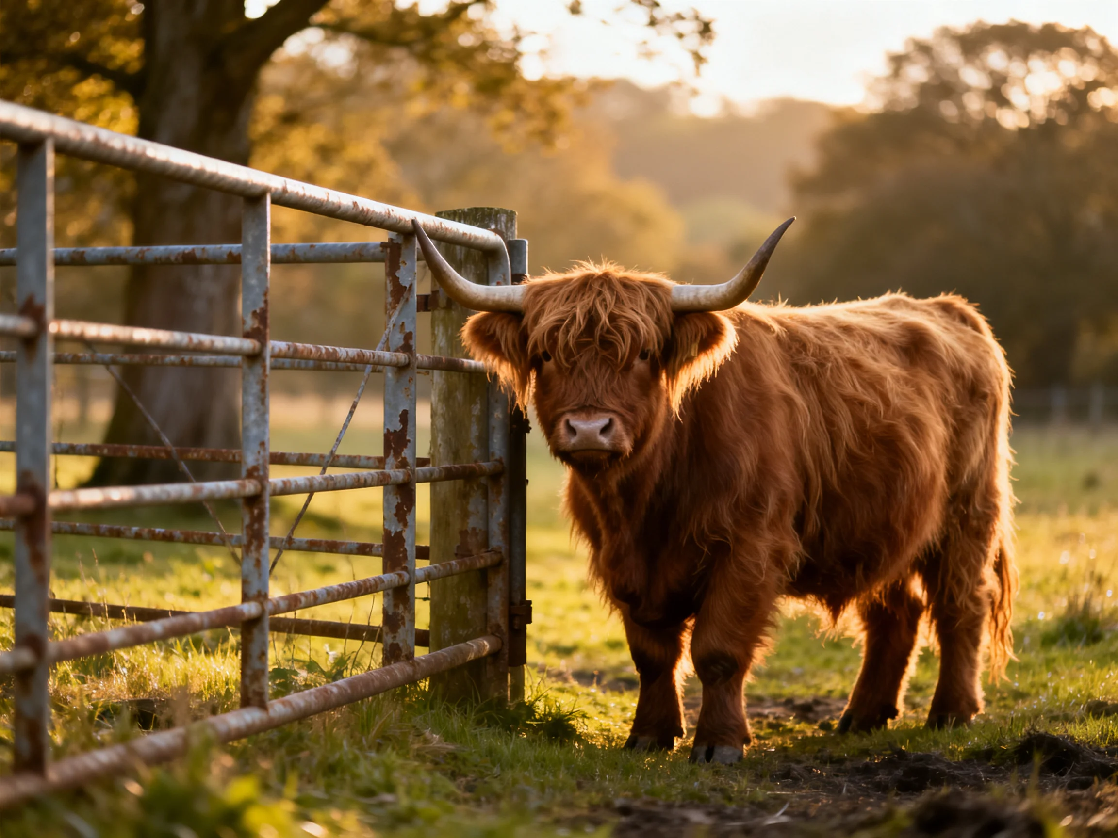 Shaggy brown Highland cow beside an aged metal fence in golden sunlight