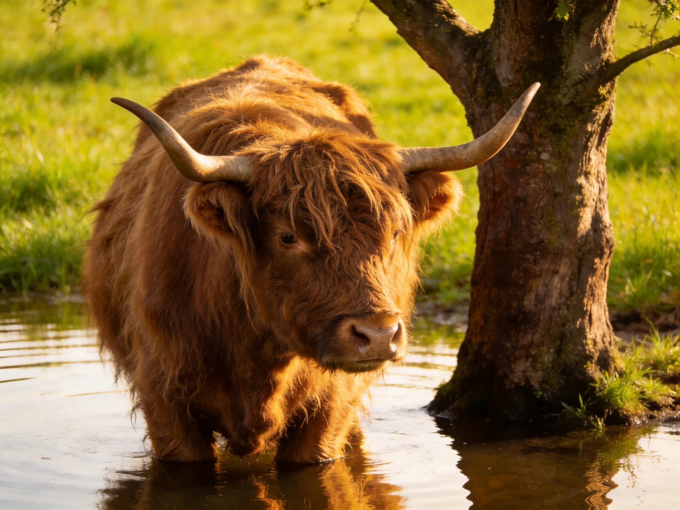 Shaggy brown Highland cow in shallow water near a tree