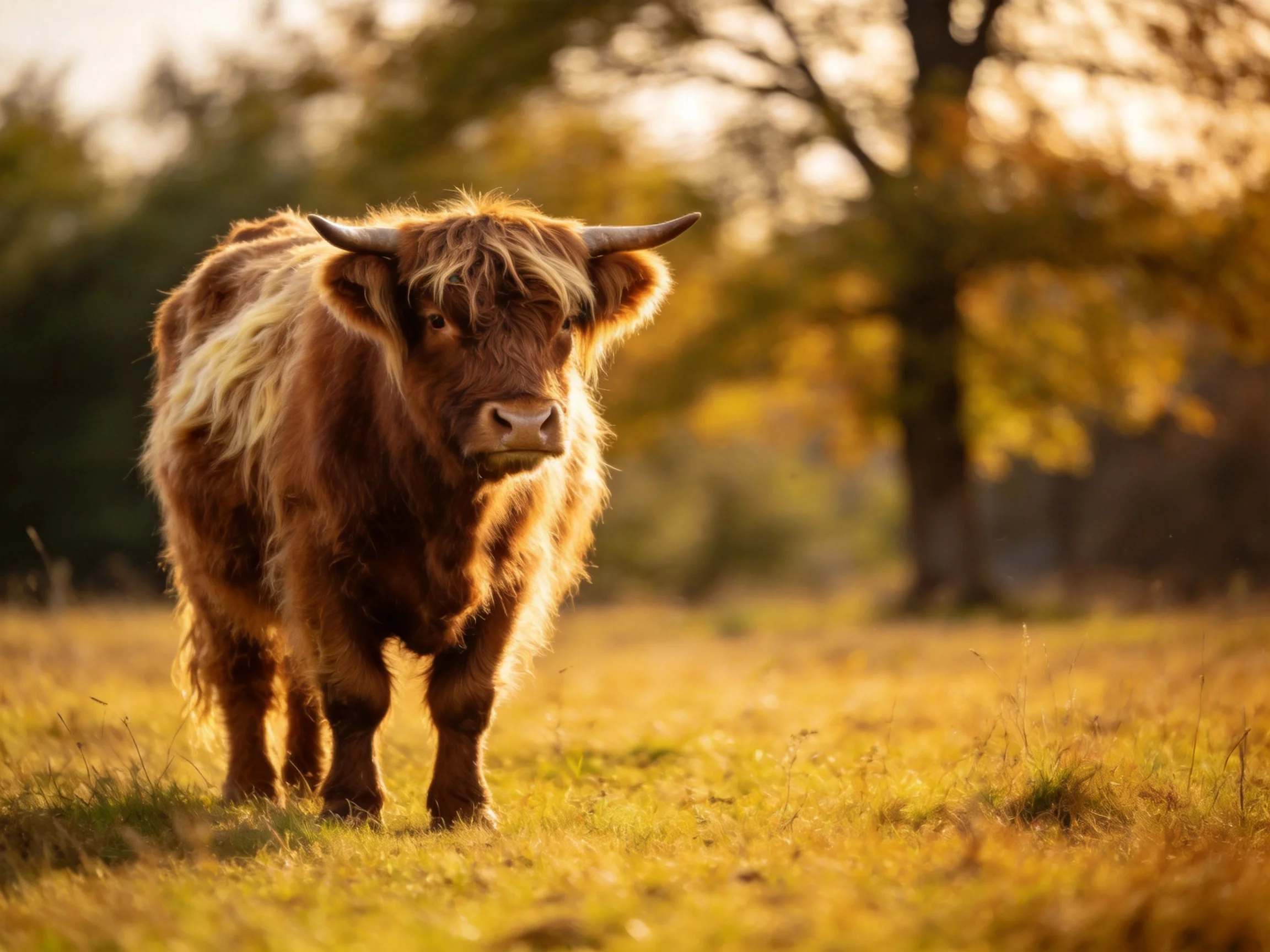 Shaggy brown Highland cow in sunlit autumn meadow