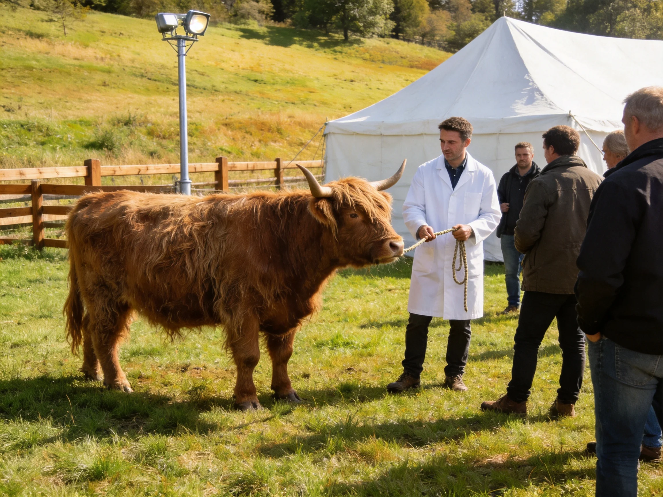 A shaggy brown Highland cow is displayed near a white tent with spectators.