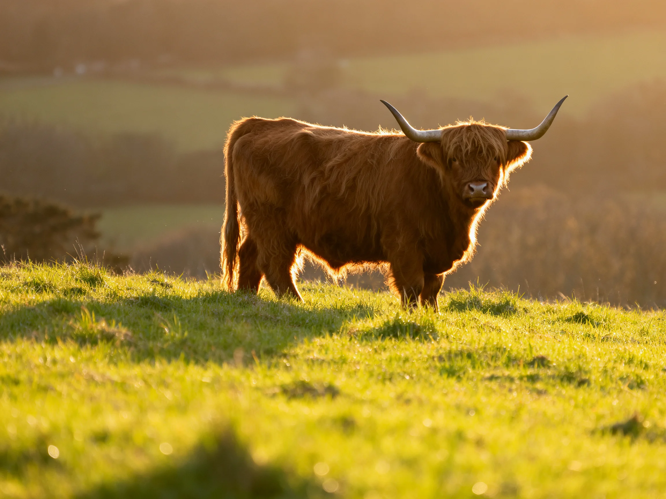 Shaggy brown Highland cow on sunlit green pasture