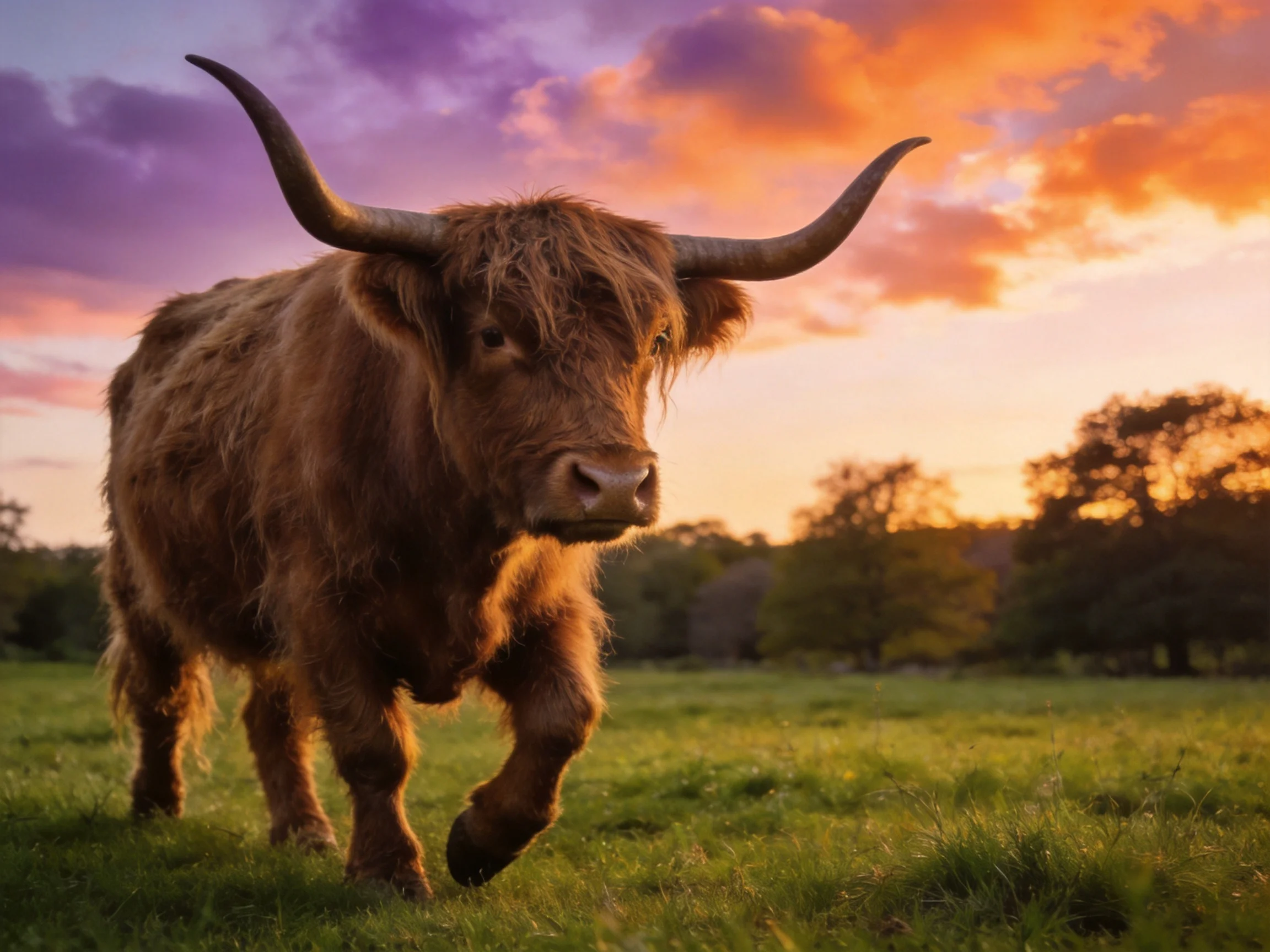 Shaggy brown Highland cow walking in green meadow under vibrant sunset sky