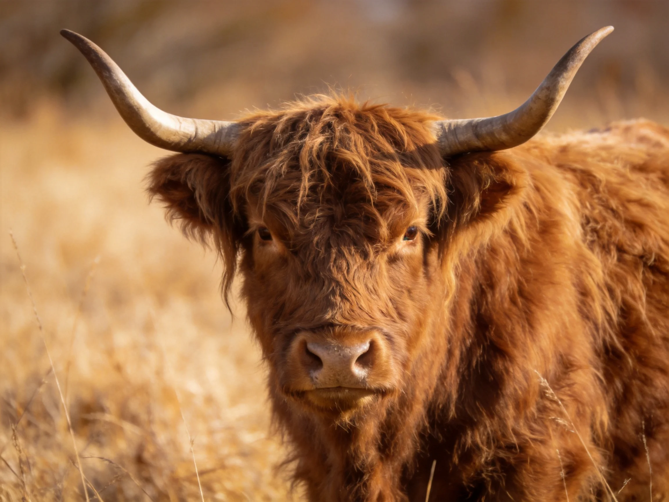 A shaggy brown Highland cow stands in a sunlit golden field.