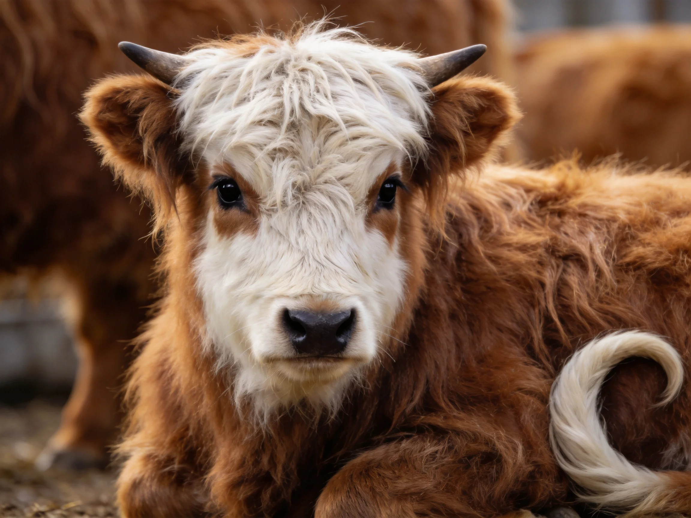 Shaggy brown and white calf resting near other cows