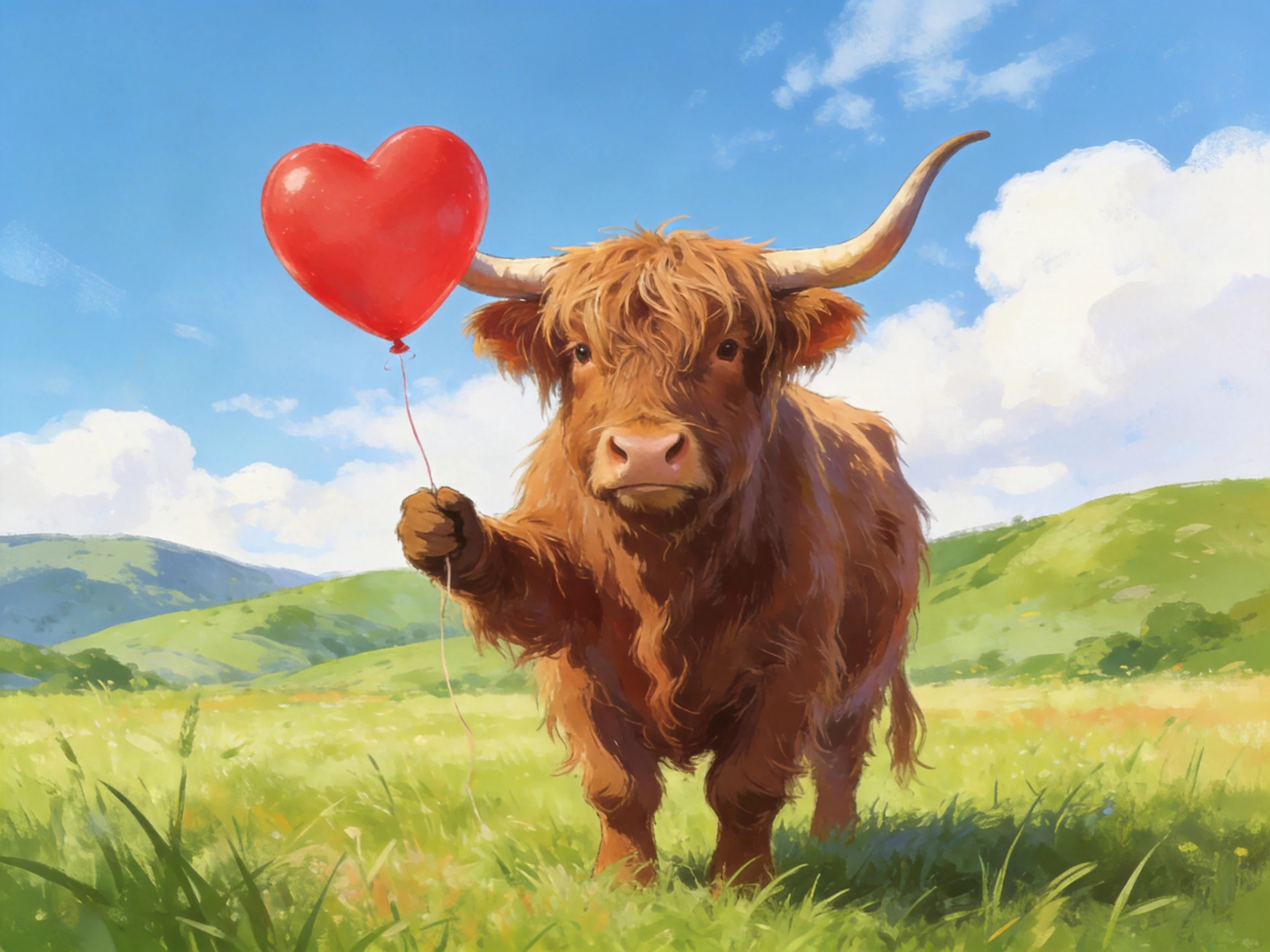 Shaggy brown cow with long horns holds red heart balloon in sunny meadow