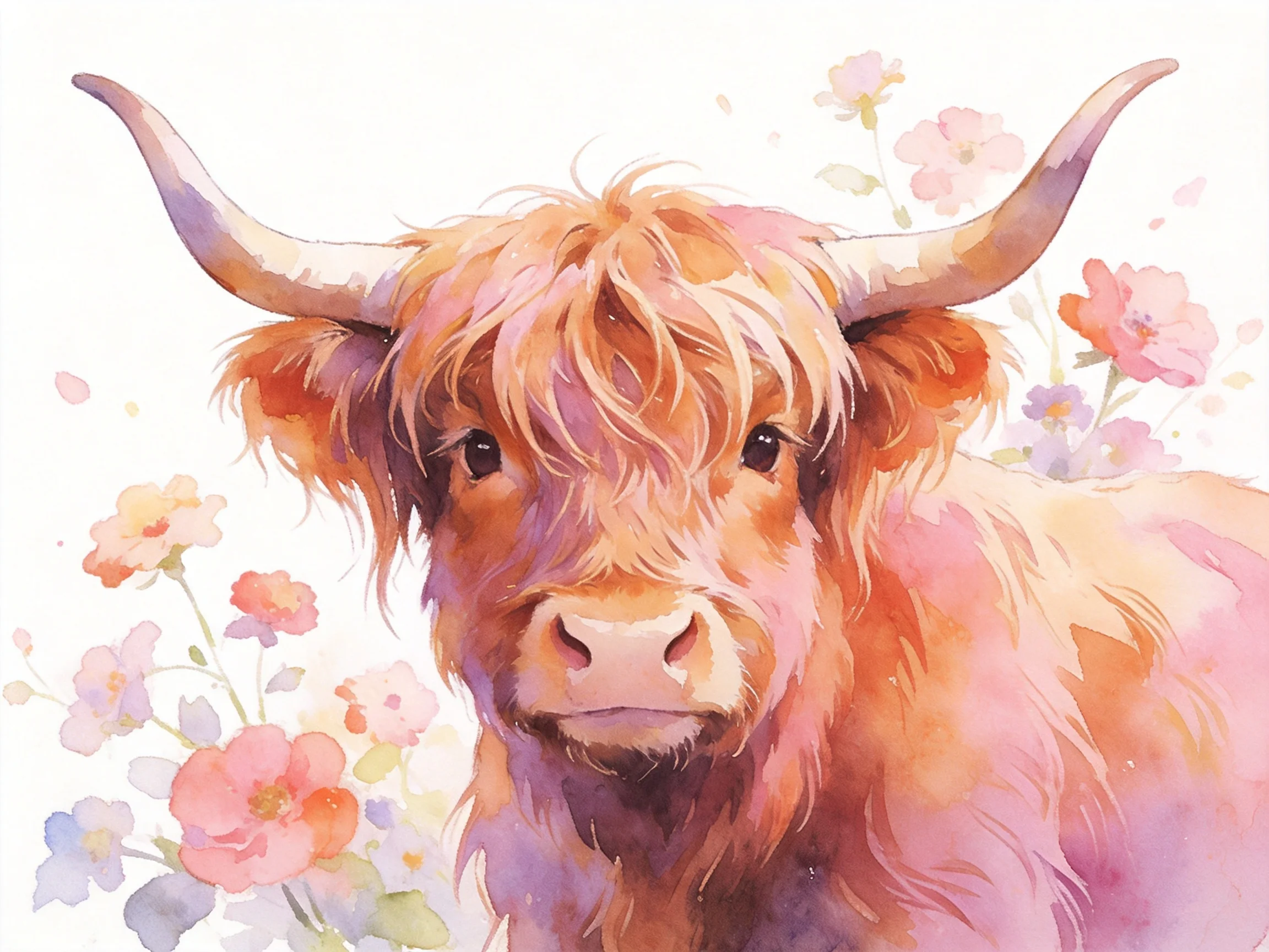 Shaggy - coated Highland cow surrounded by soft - hued blooms