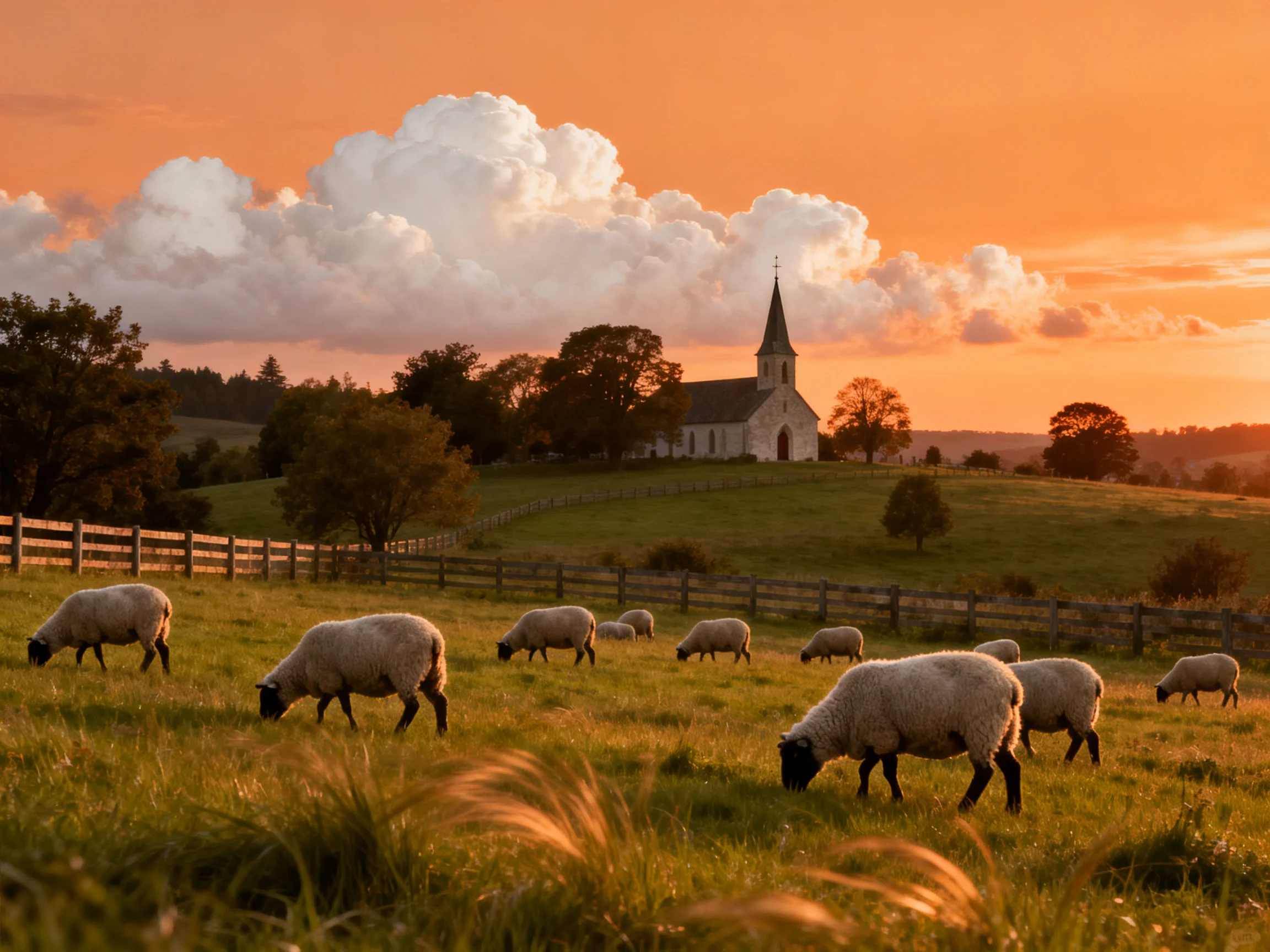 Sheep graze in a golden field near a church during sunset