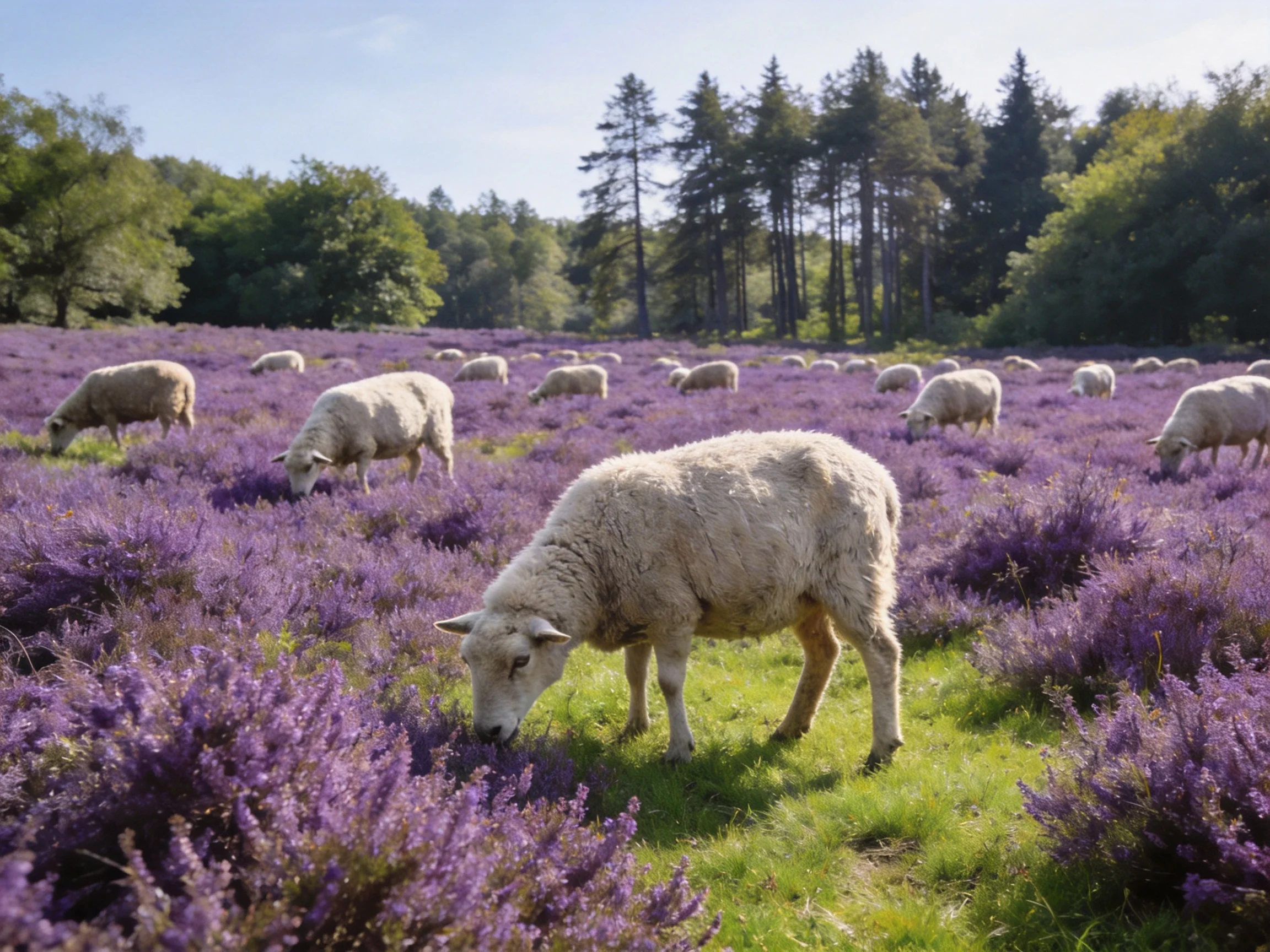 Sheep graze in a vibrant purple heather field with distant trees.