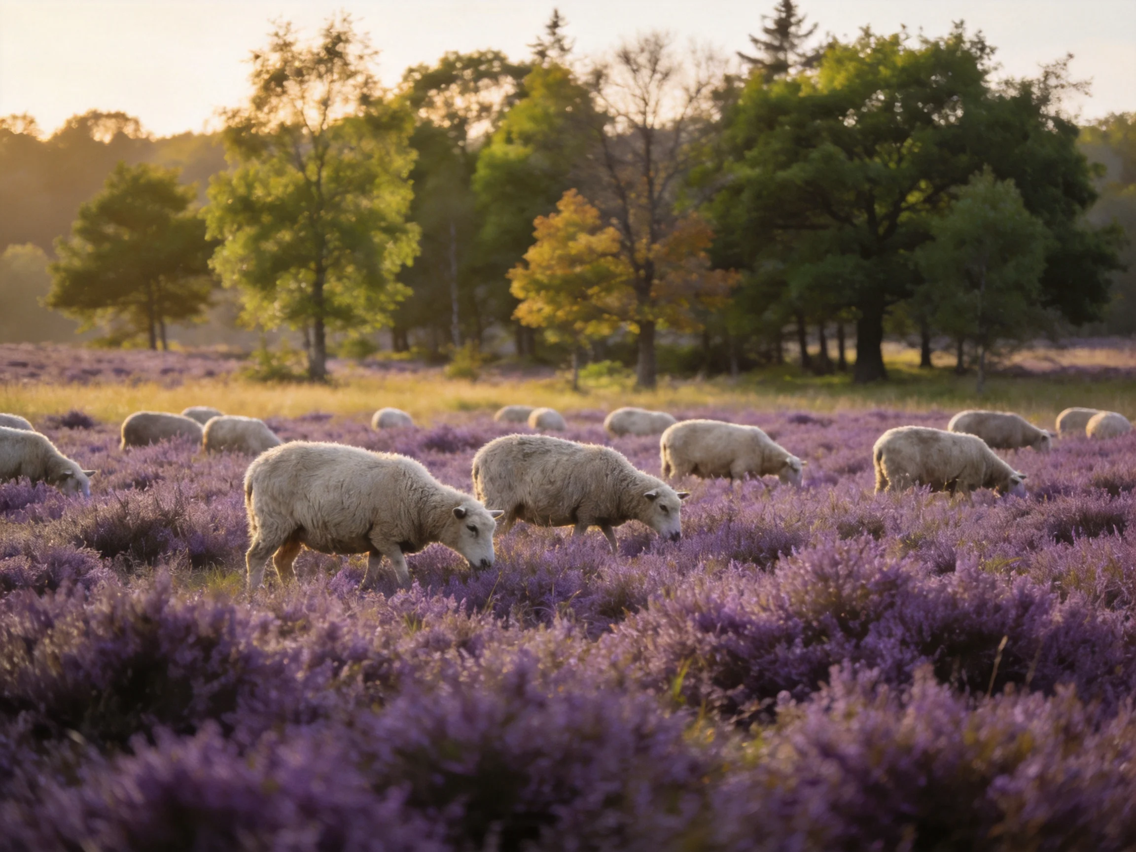 Sheep graze among tall purple heather with trees in the background.