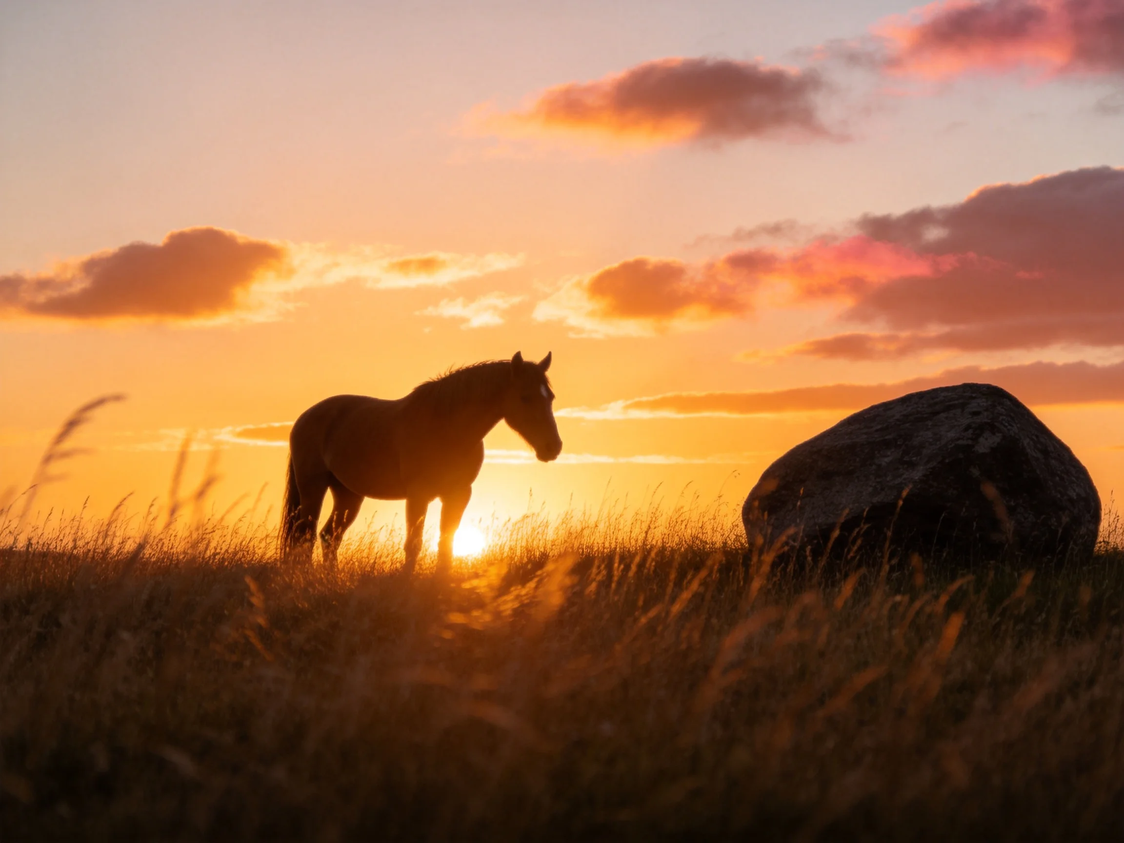 Silhouetted Horse Near Large Rock at Sunset