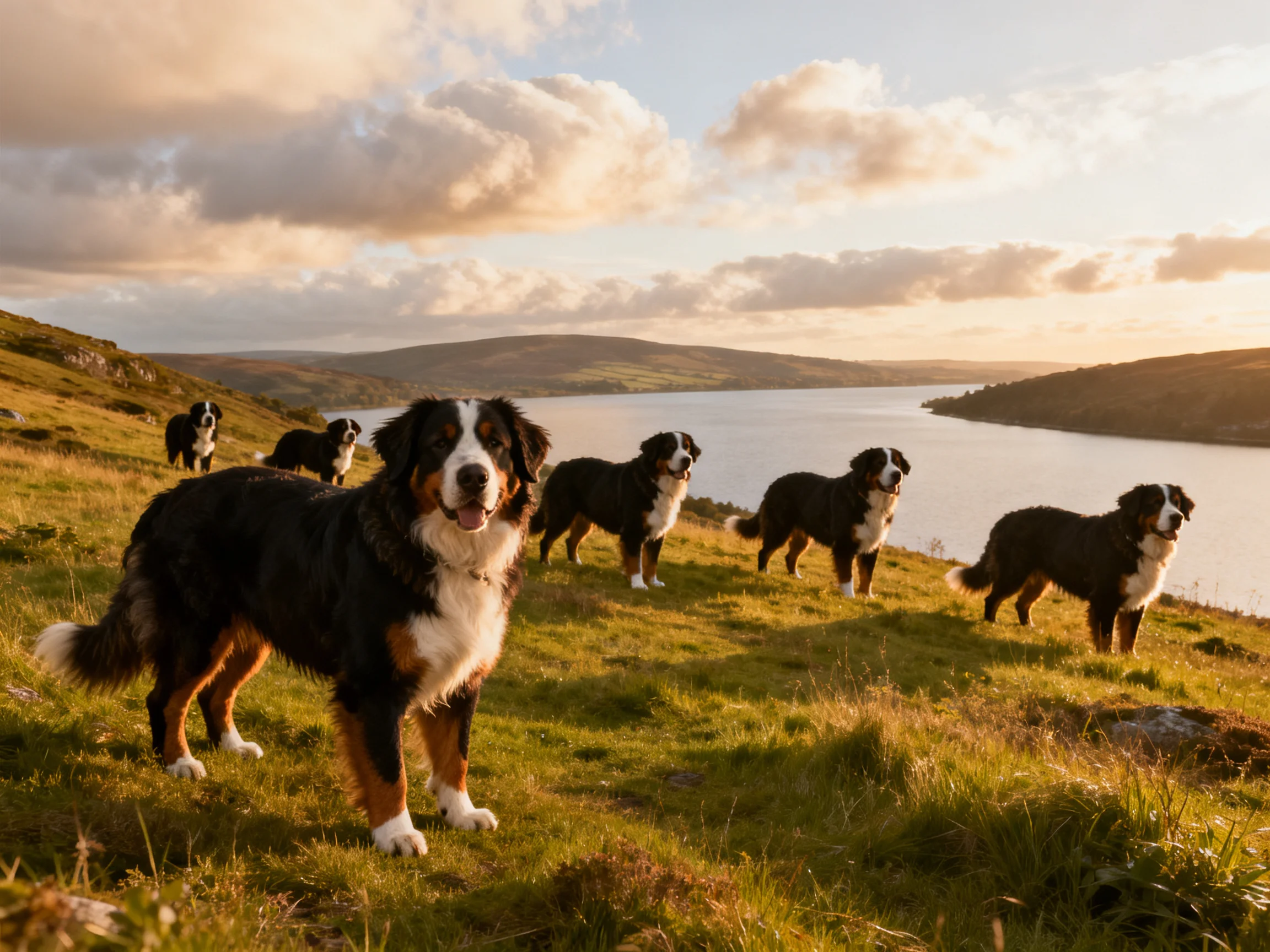 Six Bernese Mountain Dogs stand on a grassy hillside by a calm lake at sunset