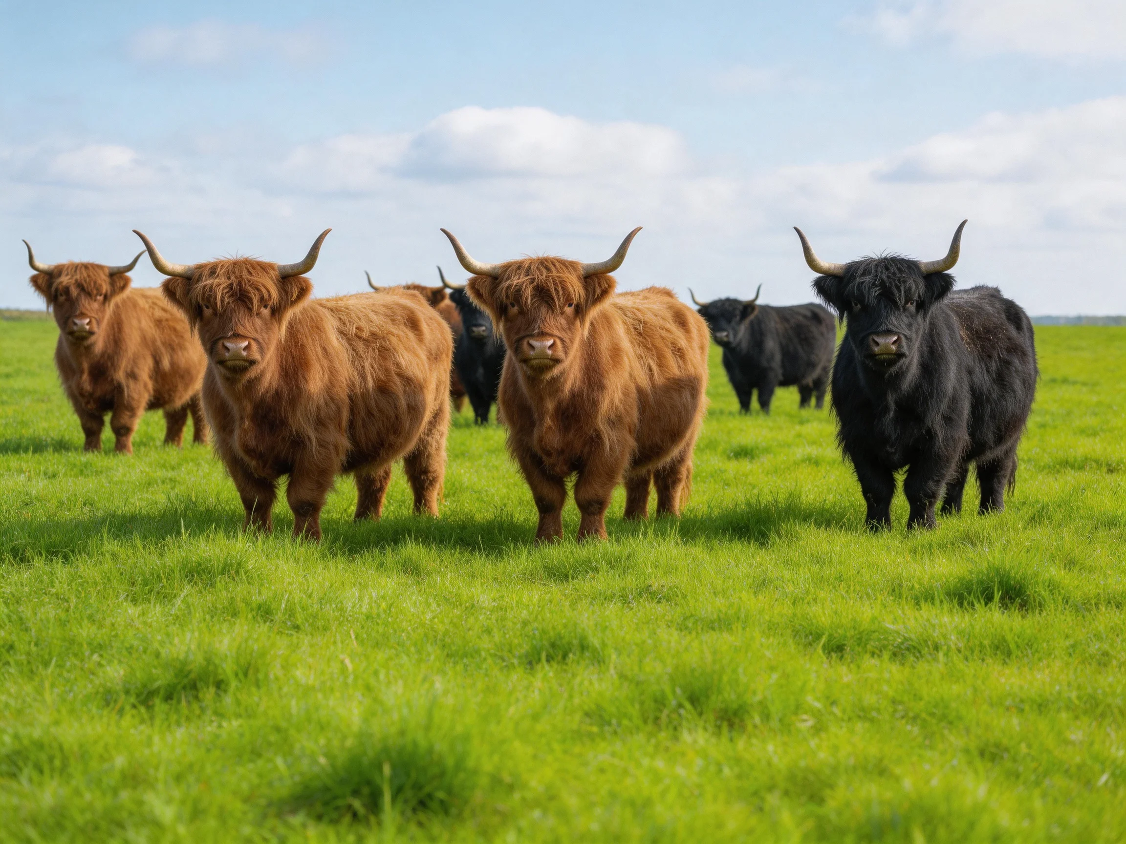 Six Highland cattle of brown and black in a lush green pasture