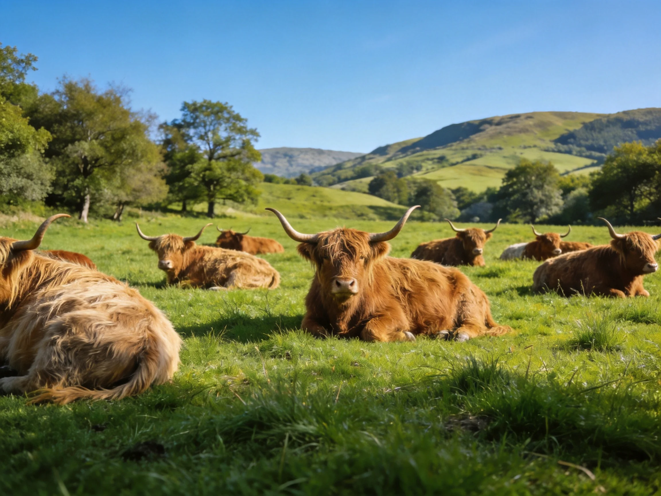 Six Highland cattle rest in a lush green meadow near rolling hills