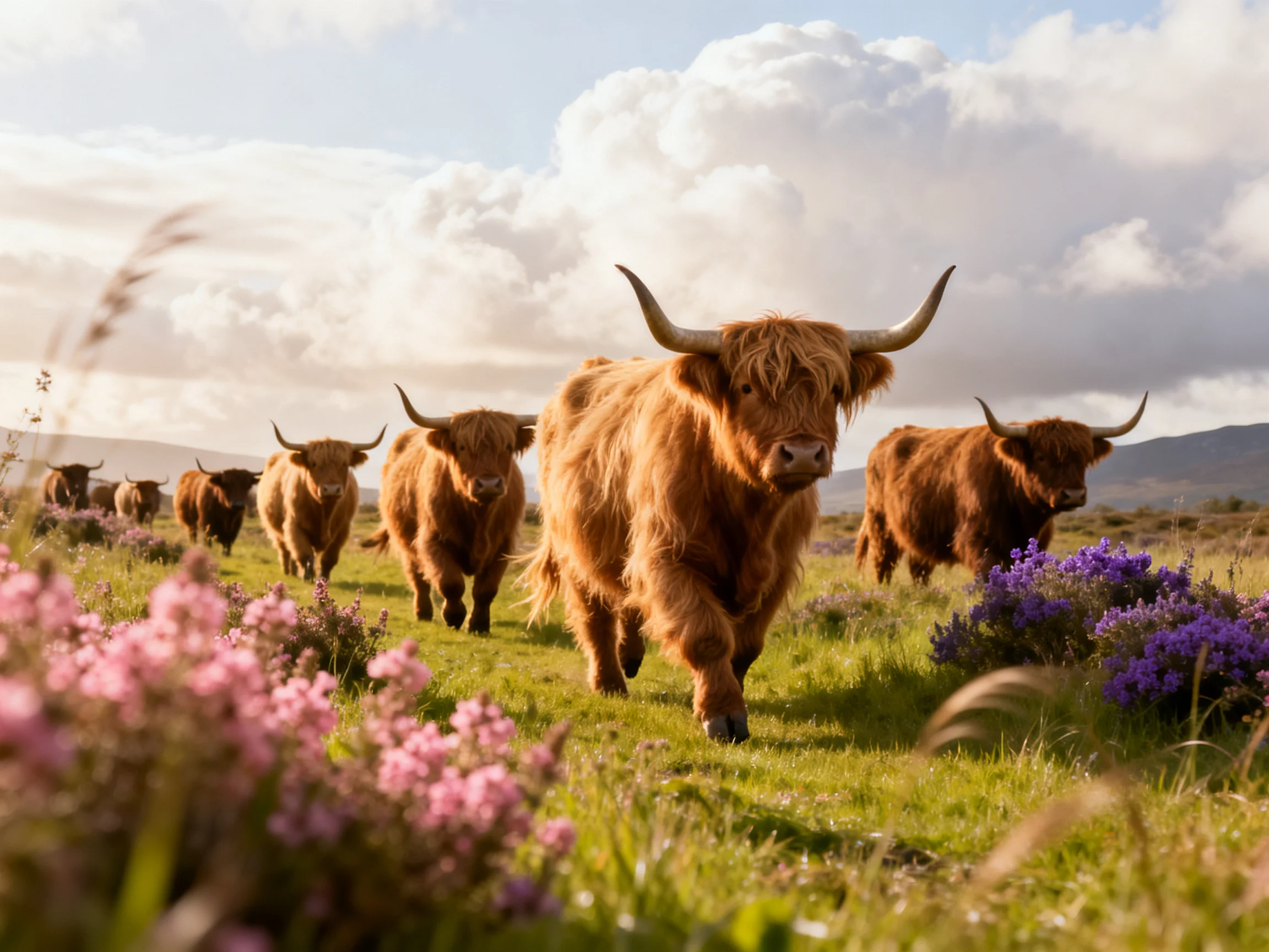 Six Highland cattle wander a vibrant meadow with pink and purple blooms