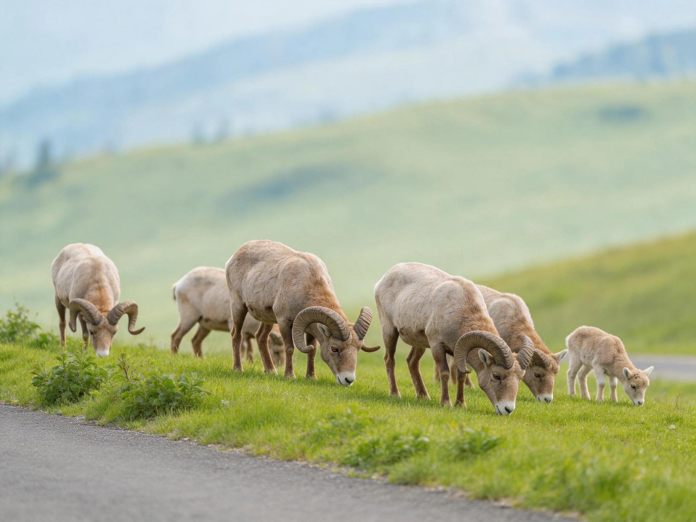 Six bighorn sheep graze near a paved road with rolling green hills