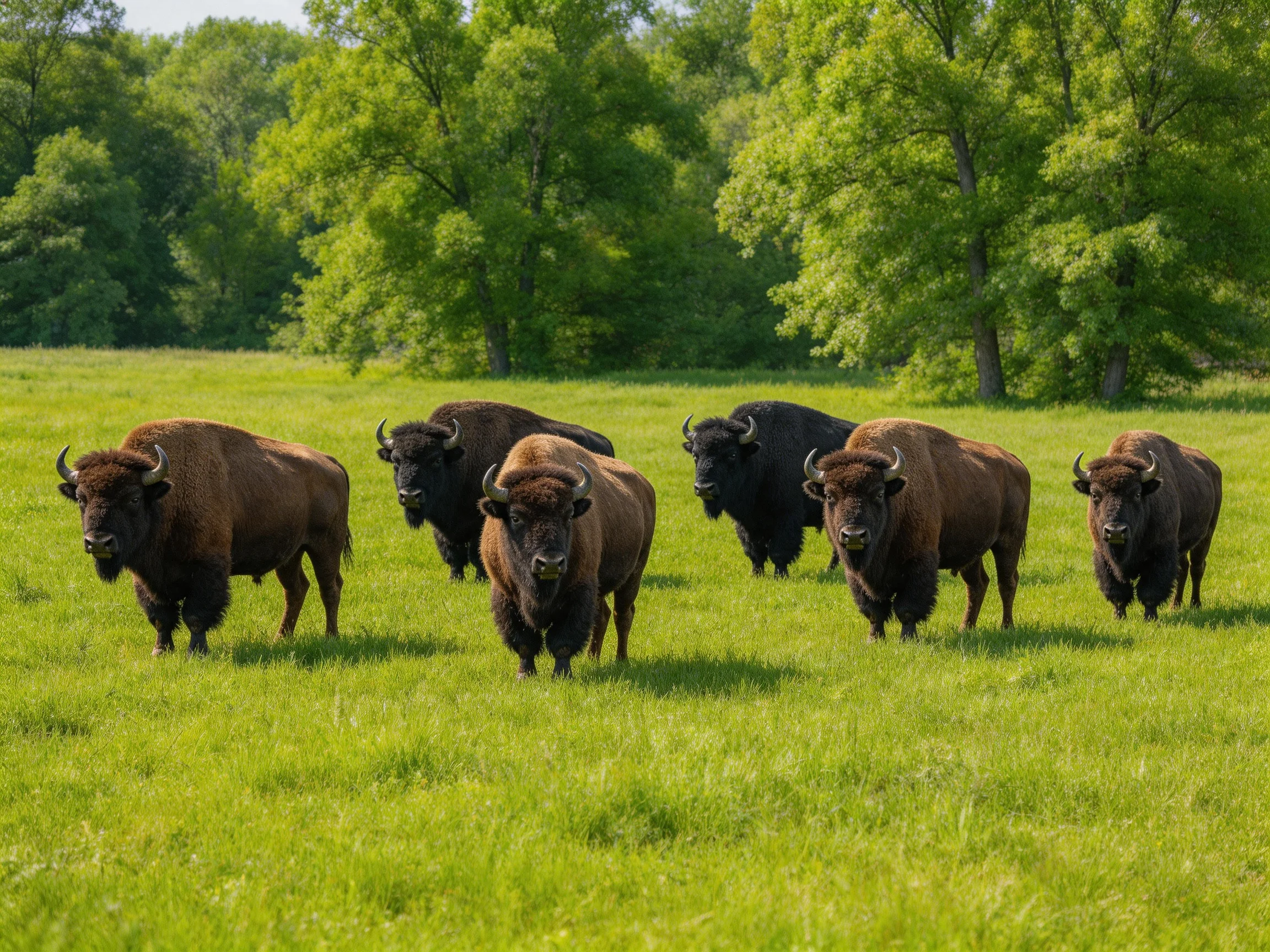 Six bison of brown and black hues graze in a lush green meadow