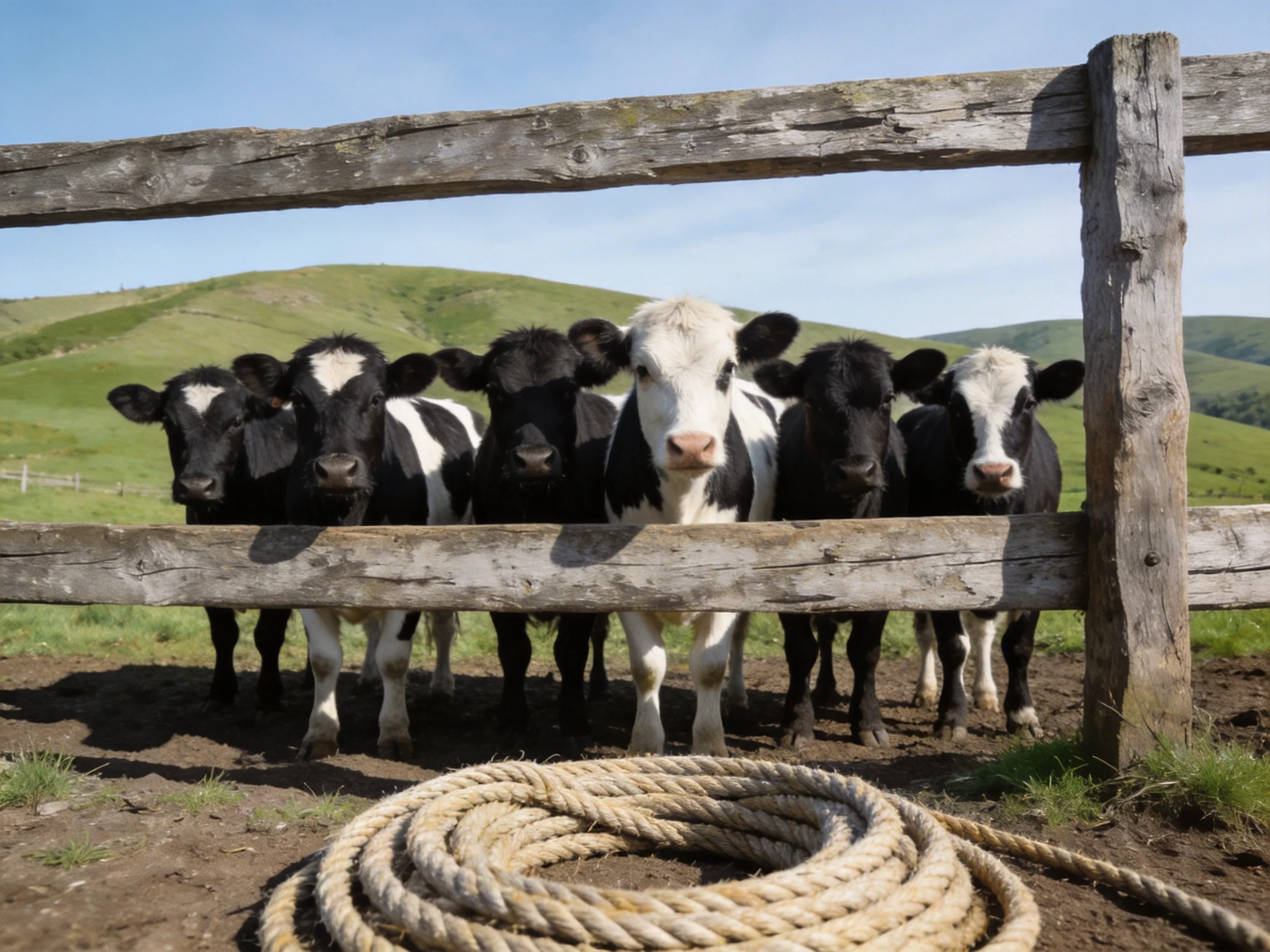 Six black-and-white calves gather behind a weathered wooden fence near a coiled rope