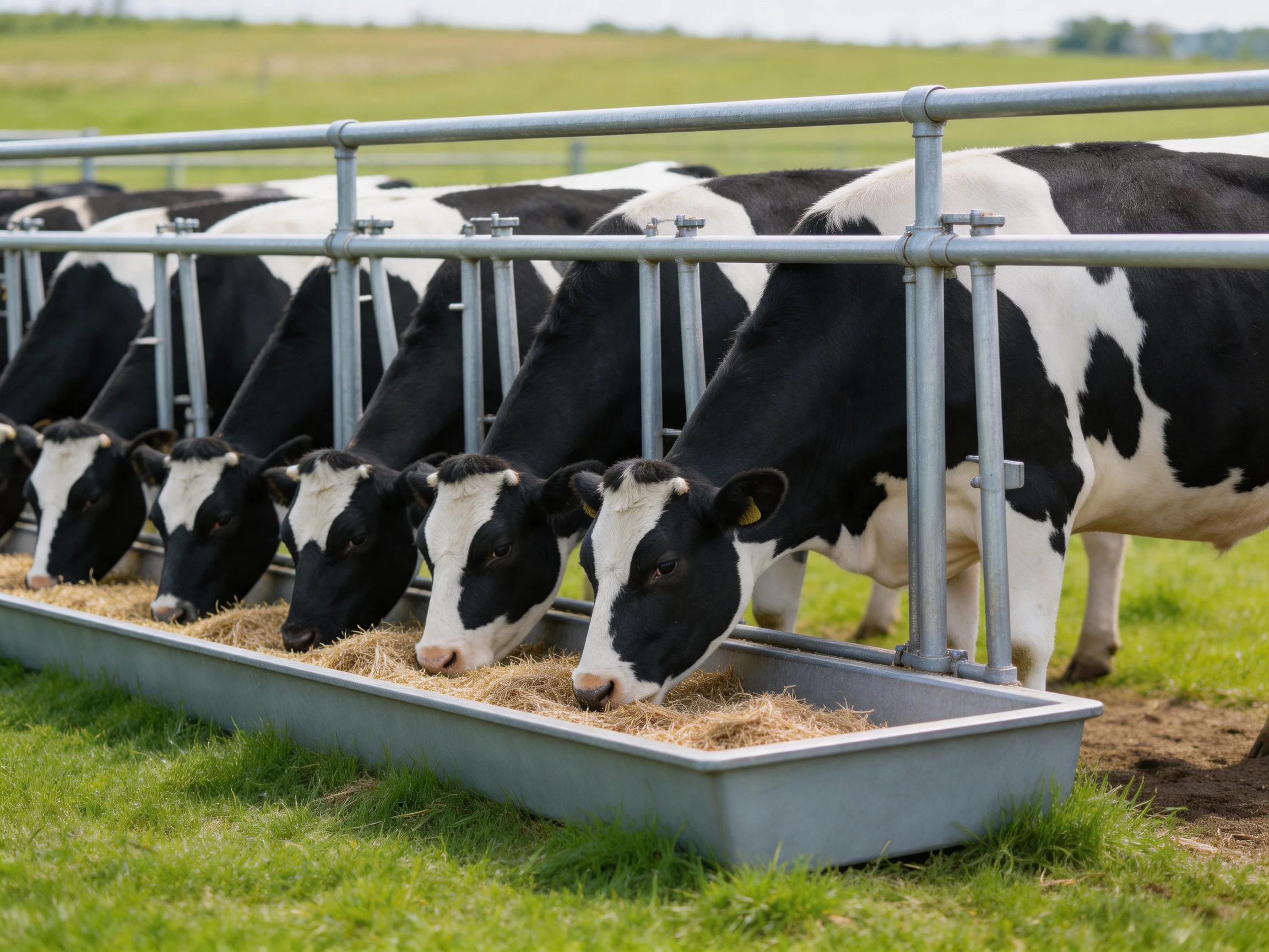 Six black-and-white cows eat hay from a long metal trough in a pasture
