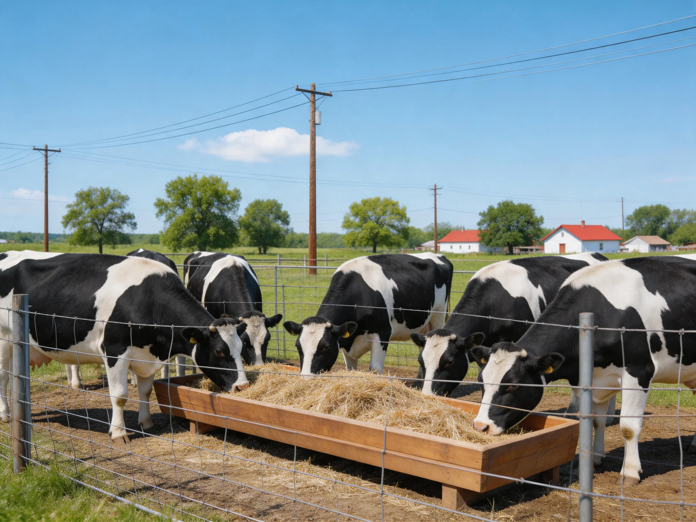Six black-and-white cows eat hay from a wooden trough near rural homes