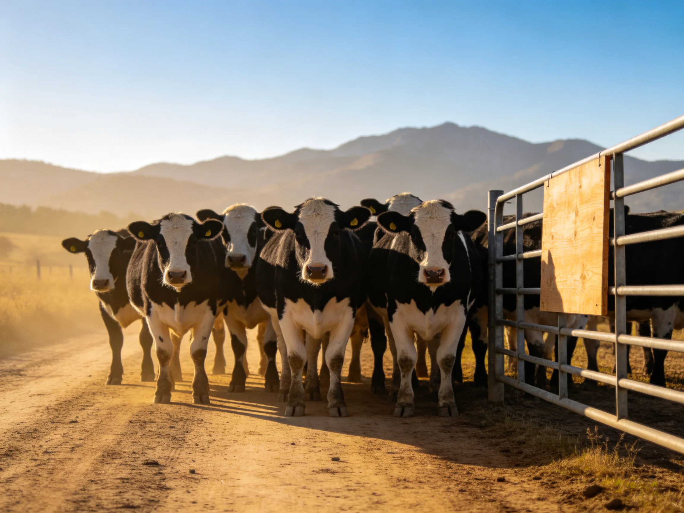 Six black-and-white cows gather near a metal gate on a dusty rural road
