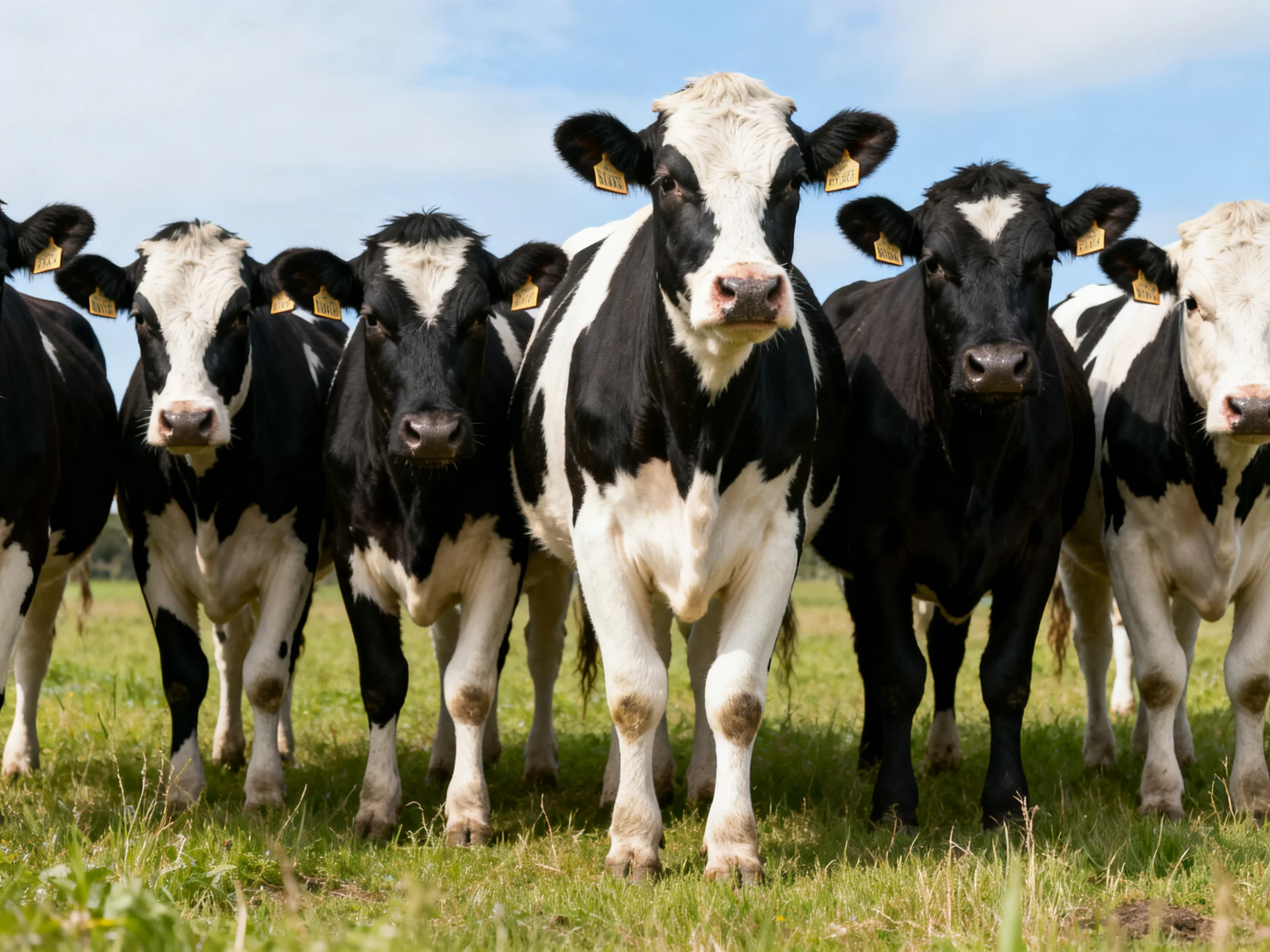 Six black and white cows gathered in a sunny pasture