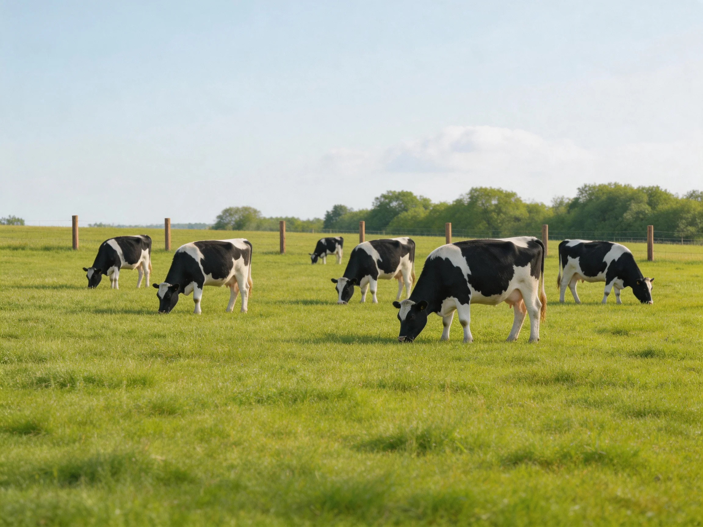 Six black and white cows graze in a sunlit pasture.