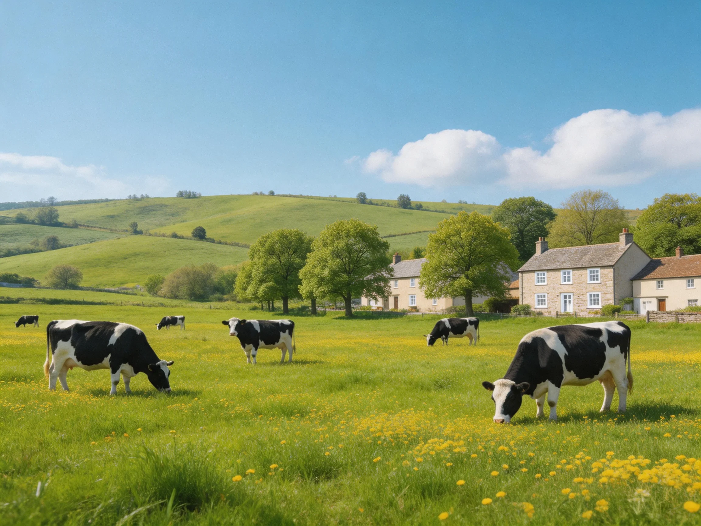 Black-and-white cows graze in a sunny meadow adjacent to stone cottages.