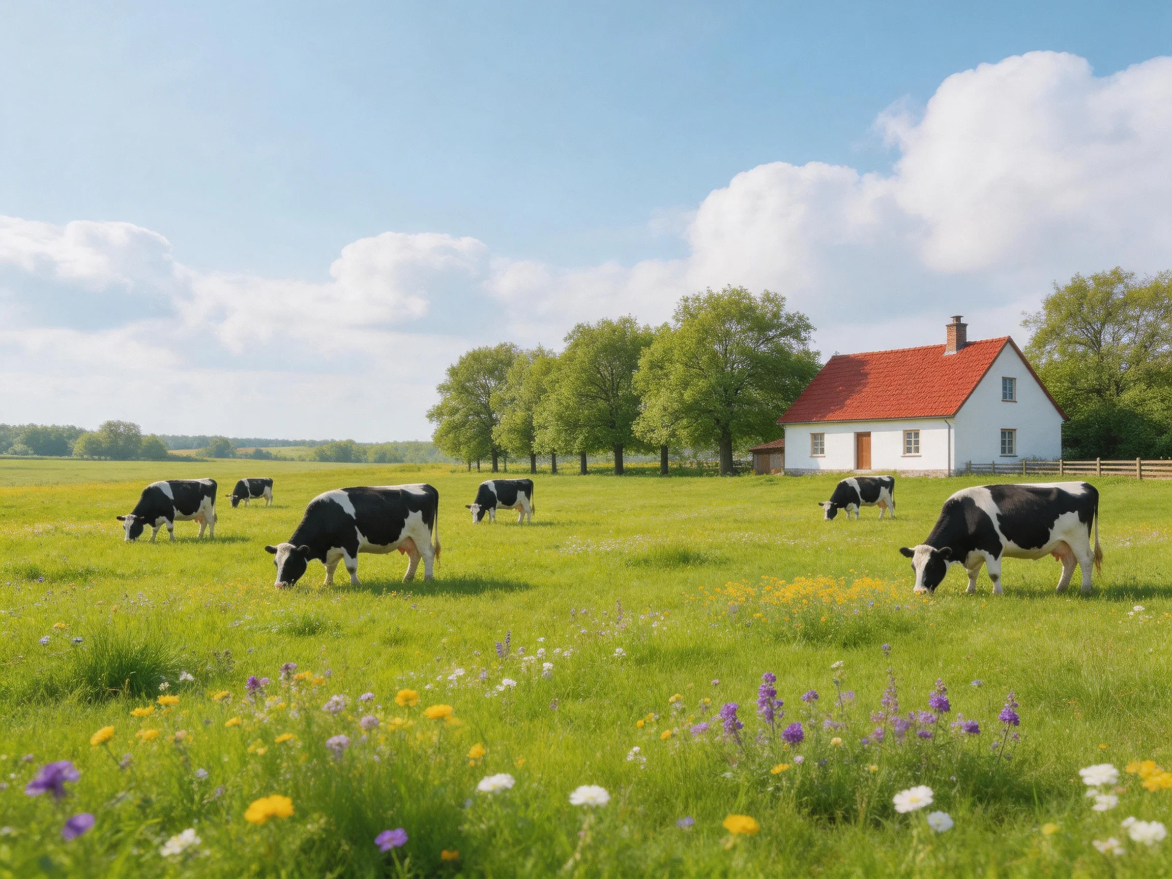 Six black-and-white cows graze in a sunlit green pasture near a white farmhouse.