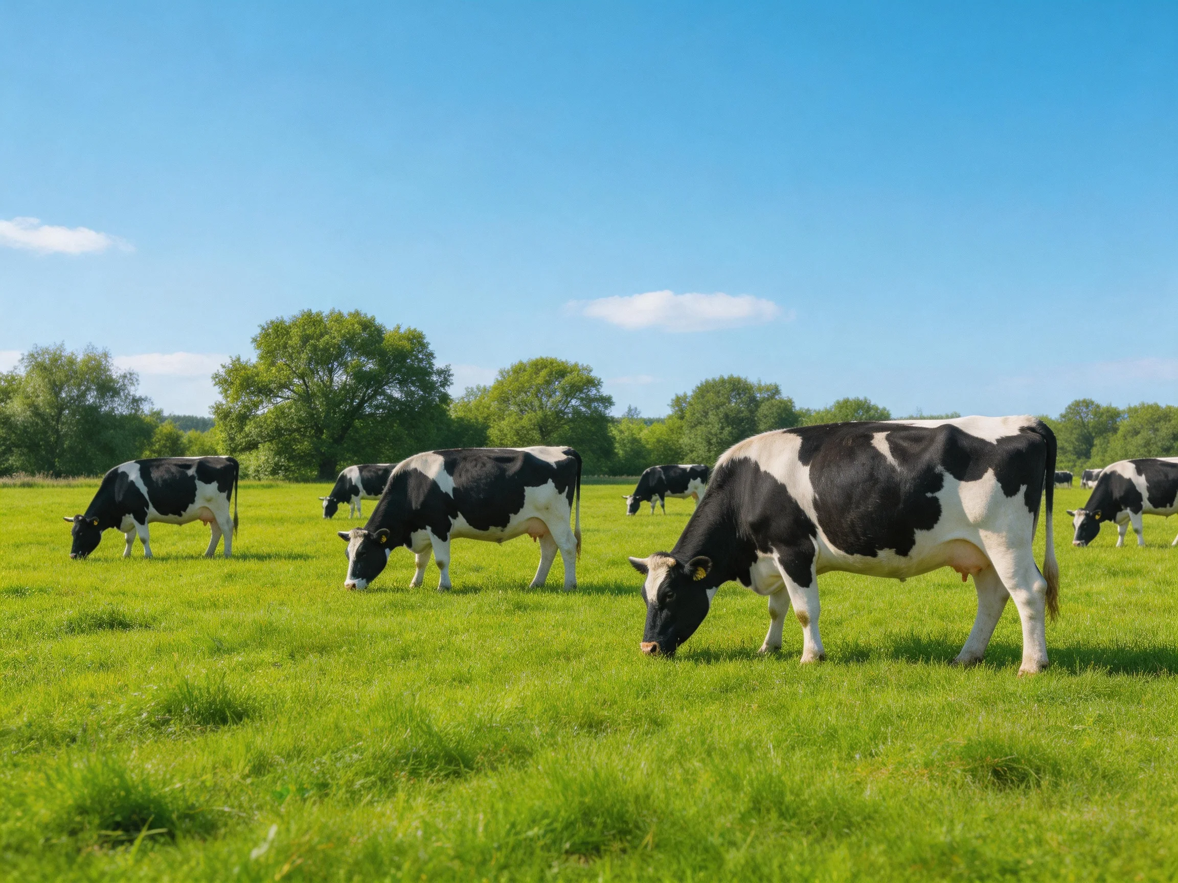 Six black-and-white cows graze in a sunlit pasture surrounded by greenery.