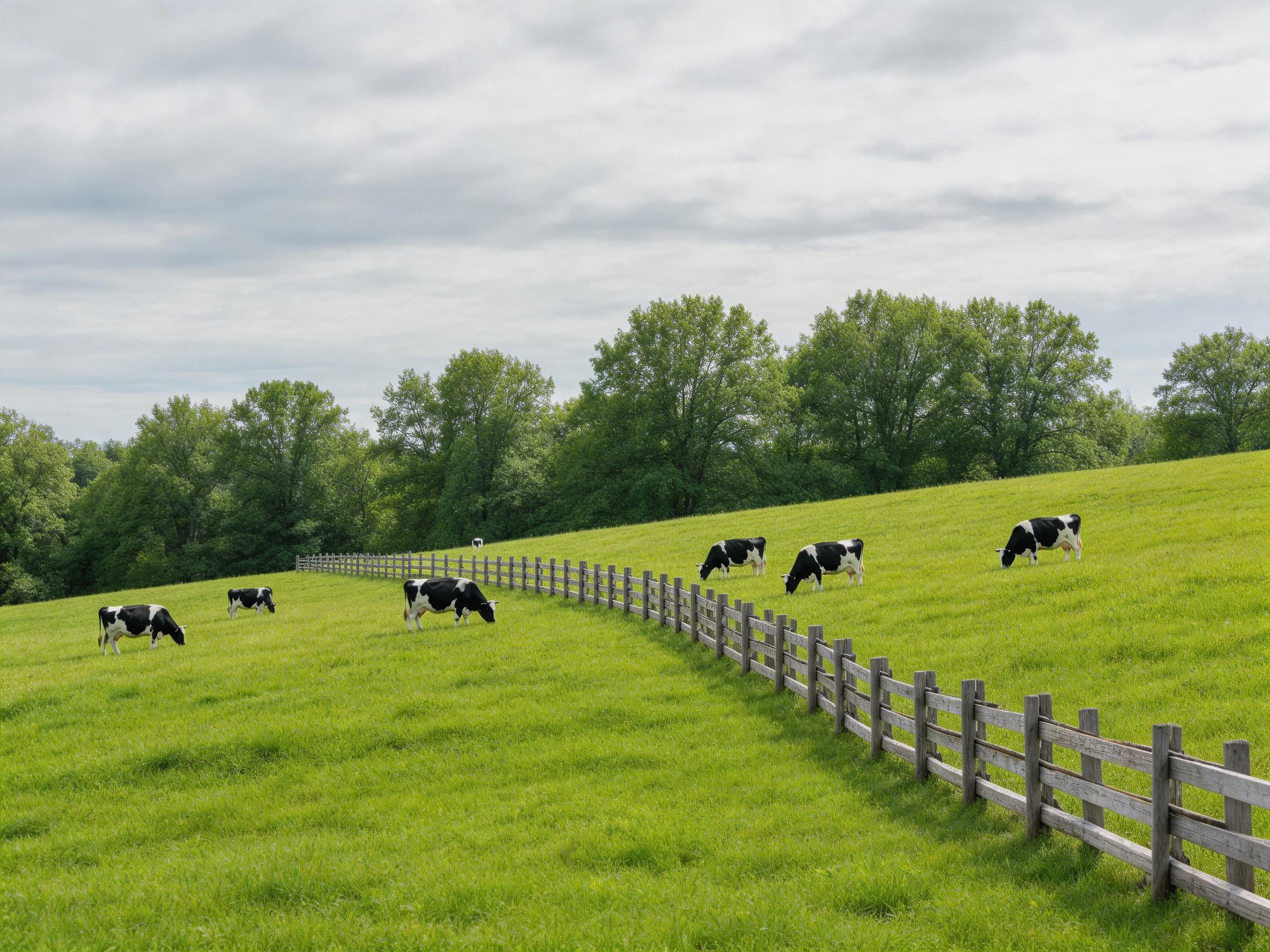 Six black-and-white cows graze in a lush green pasture beside a wooden fence